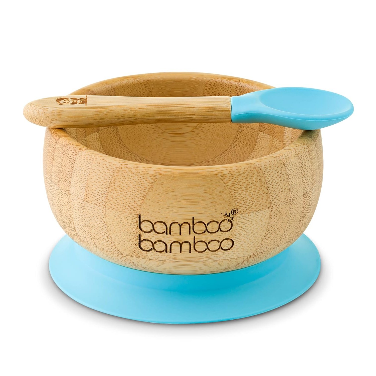 Bamboo Baby Bowl and Spoon Set - Suction Bowl with Silicone Ring, Toddler Bowls for Weaning, 6+ Months (Blue)
