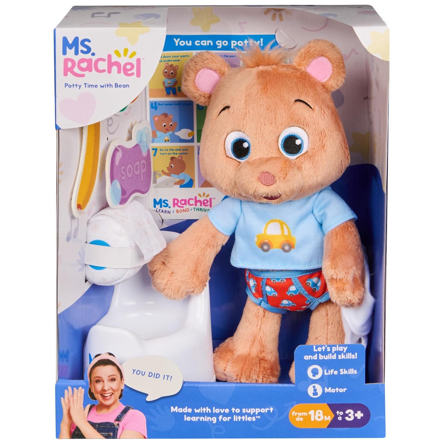 Ms. Rachel Official Potty Time with Bean, 11” Plush Teddy Bear with Play Toilet & Accessories, Toddler Toys for Girls & Boys for Ages 18 Months to 3+