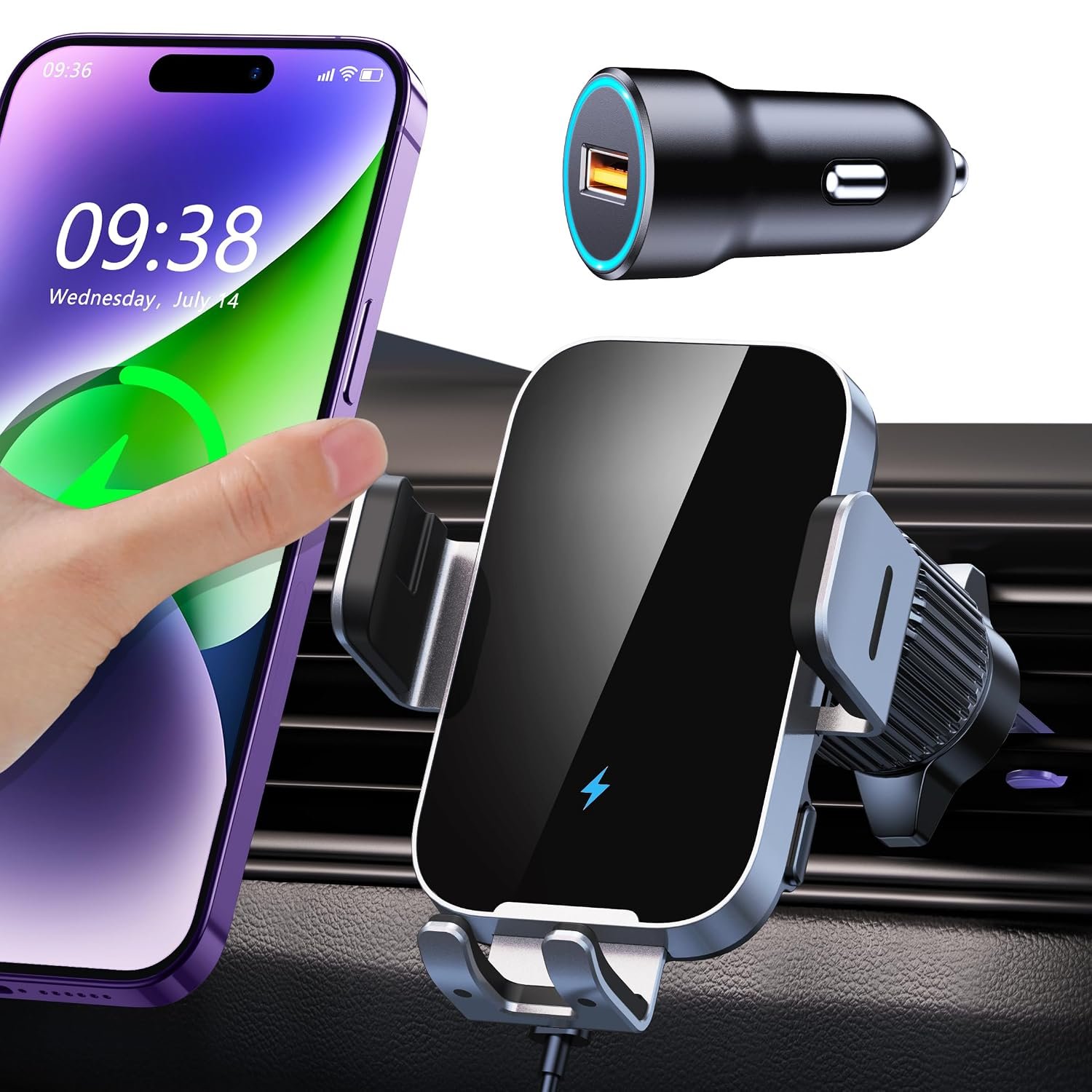 ISEYOU Car Phone Holder Wireless Charger, 15W Fast Charging Auto Clamping Wireless Car Charge, 360° Rotation Air Vent Mount With Electric Sensor Compatible For iPhone 16 15 14 Pro Max, Samsung Galaxy