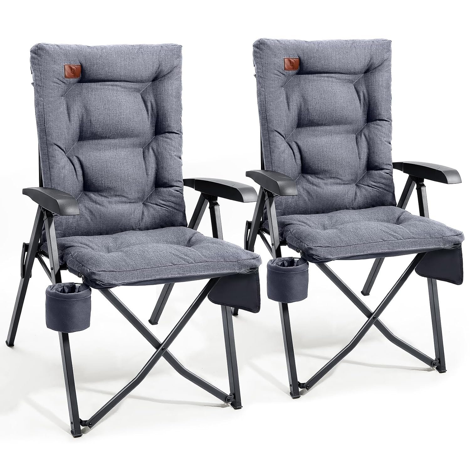 EVER ADVANCED Luxury Camping Chairs 2 Set for Adults Heavy Duty High Back Oversized Folding Garden Chair Comfy Padded 6cm Loadable 150kg Adjustable Dining Chairs 4-Position Recliner Chair Grey