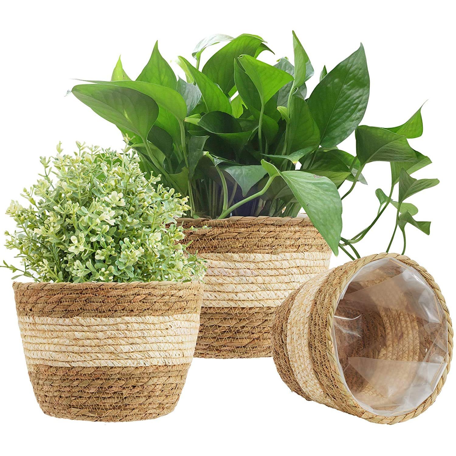 KAHEIGN 3Pcs Seagrass Planter Basket, 3 Size Woven Plant Pot Indoor Outdoor - Flower Pots Cover Storage Basket Plant Containers for Home Decor (Beige)