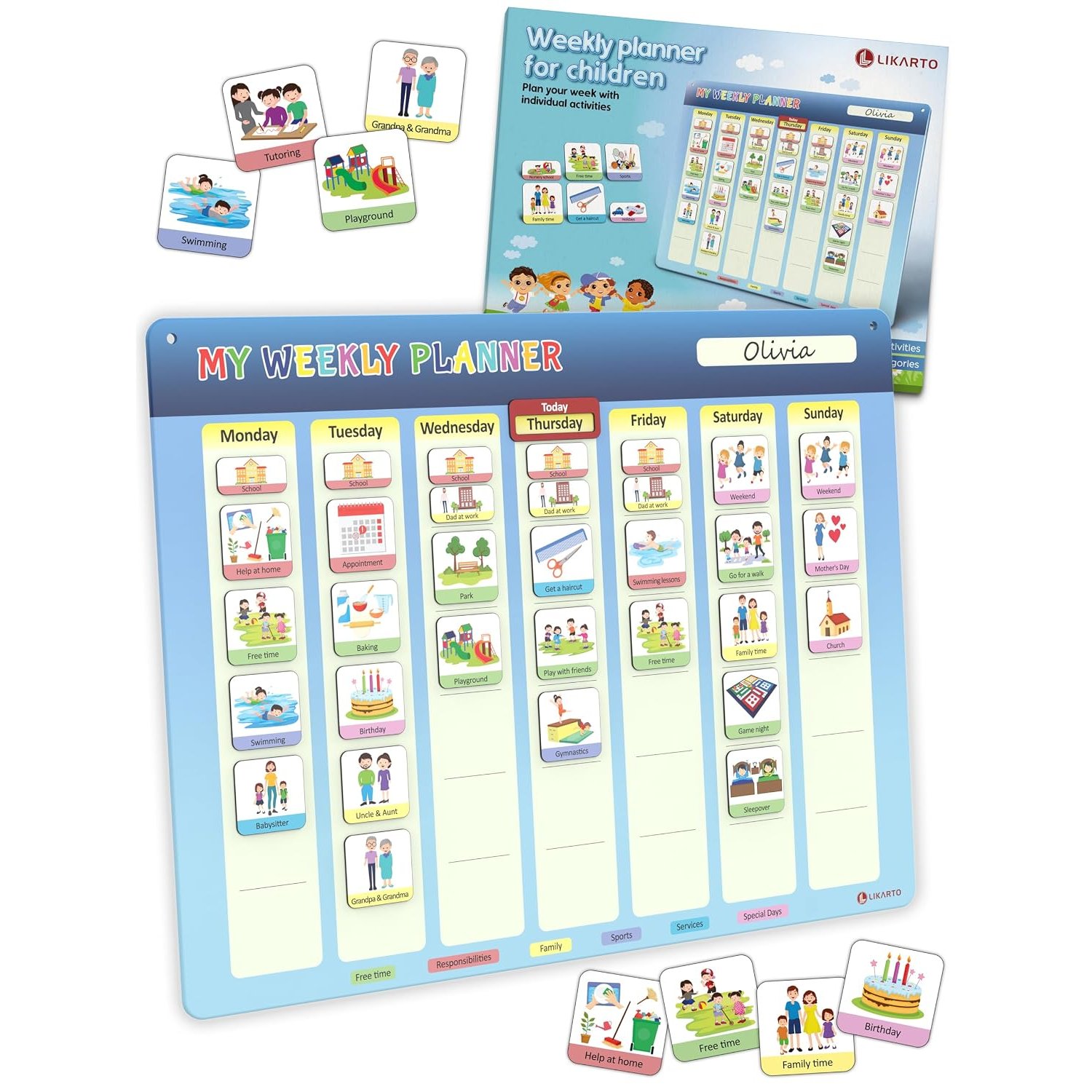 LIKARTO® Visual Timetable Weekly Planner for Kids - Montessori Magnetic Board incl. 194 Magnets & Cord - Fully Writable & Wipeable - Encourages Independence