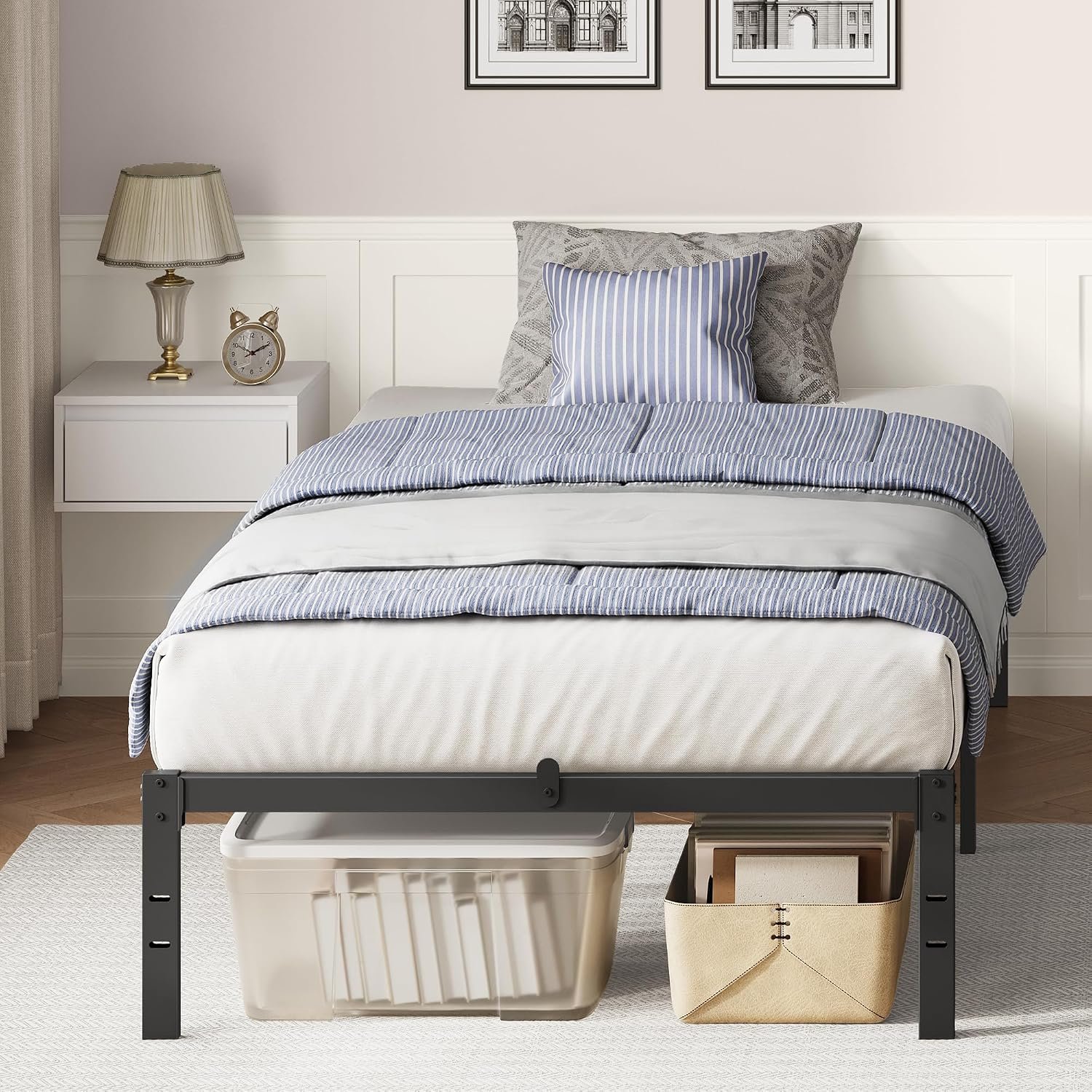 VASAGLE Single Metal Bed Frame, 90 x 190 cm, Under-Bed Space, Modern Style, for Guest Room, Easy Assembly, Ink Black RMB131B01