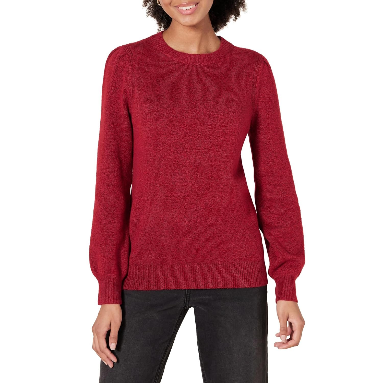 Amazon Essentials Women's Soft Touch Pleated Shoulder Crewneck Jumper, Dark Red, L