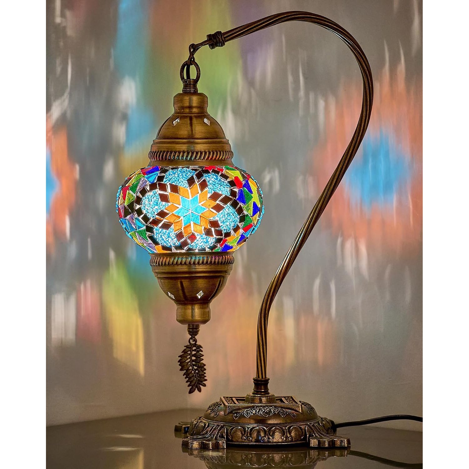 DEMMEX Turkish Moroccan Mosaic Table Lamp–Handcrafted Tiffany-Style Colorful Glass Swan Neck Bedside, Desk Light, Boho Artisan Accent Lighting for Bedroom, Living Room–38cm H, Blue&Multi