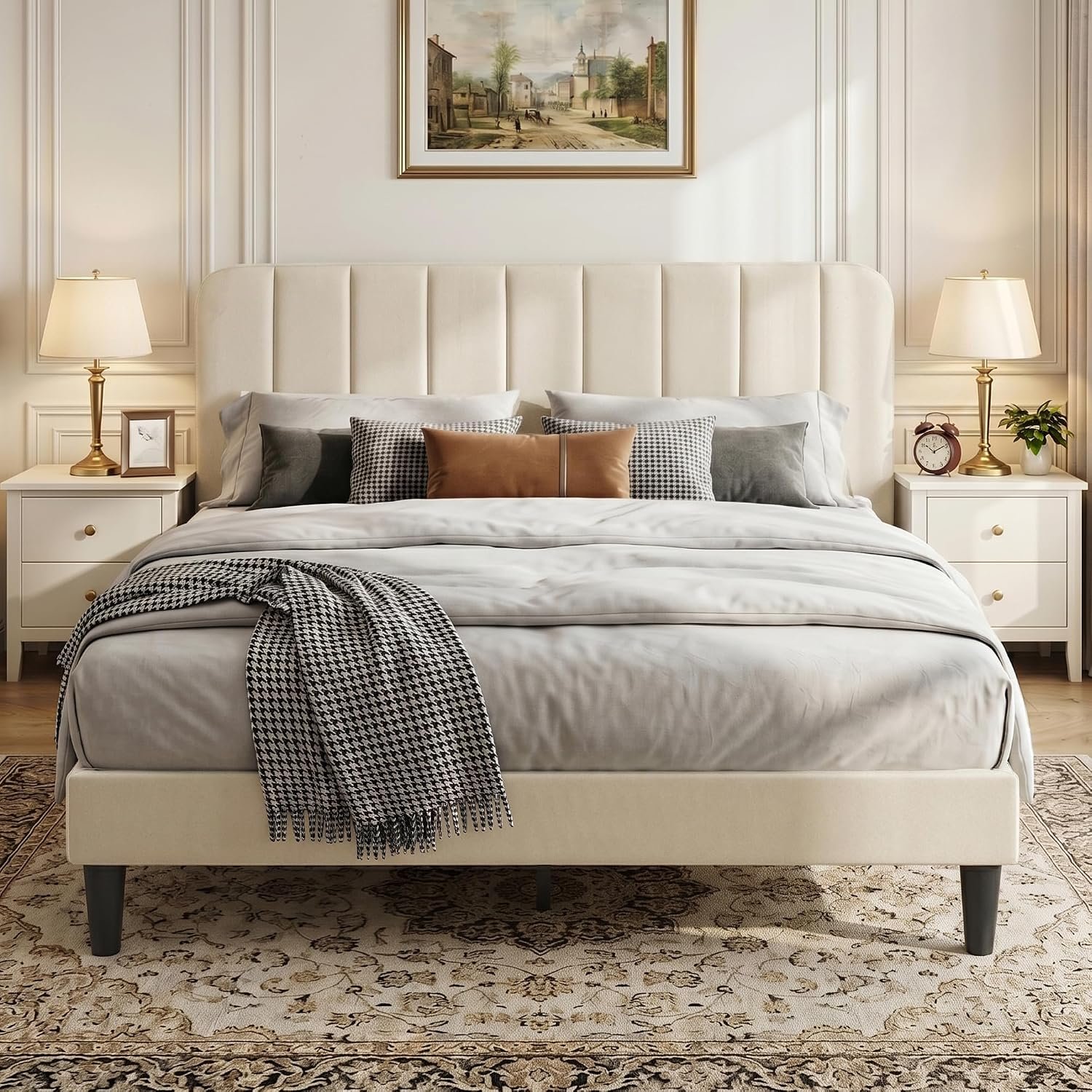 VECELO Upholstered Double Bed Frame with Velvet Headboard, 135 × 190 cm Platform Bed with Wooden Slats Support, Noise Free, No Box Spring Needed, Easy Assembly, Beige