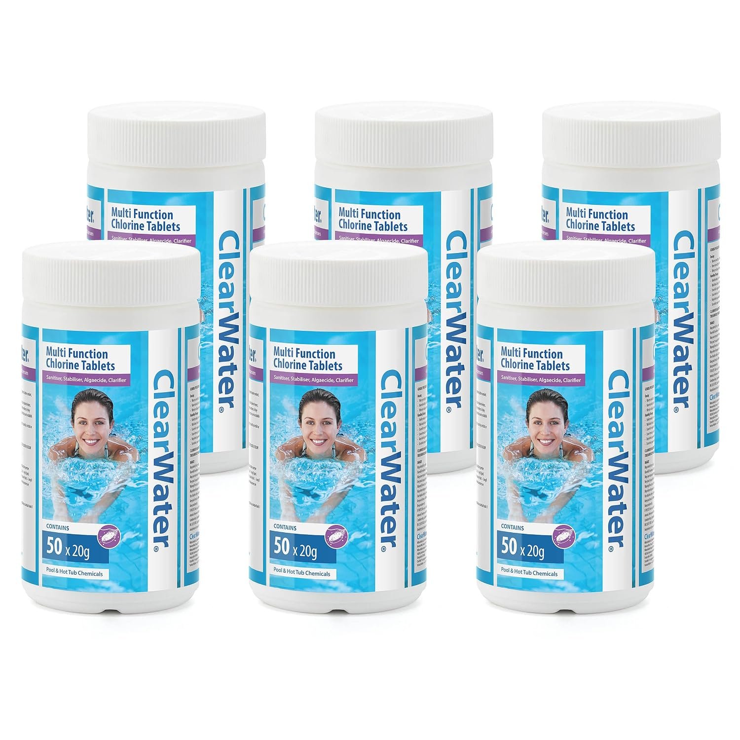 Clearwater 6kg Multifunction Chlorine Tablets, 4-in-1 Dispenser Tablets (Sanitiser, Stabiliser, Algaecide and Clarifier) for Pools and Hot Tubs, 300 x 20 g, White