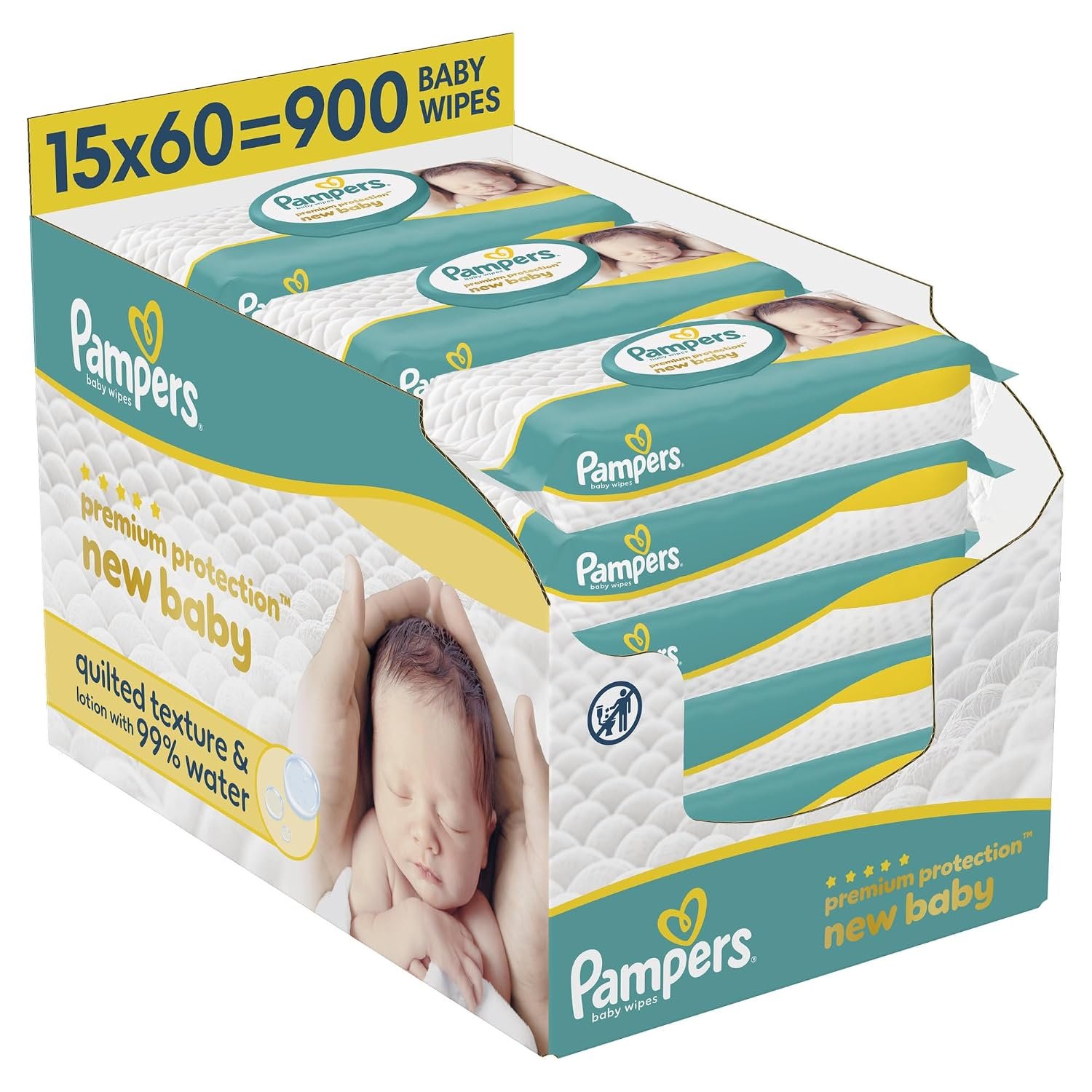 Pampers Premium Protection New Baby Wipes Plastic Free, 15 Packs of 60 Wipes = 900 Baby Wet Wipes, Quilted Texture, Lotion with 99% Water