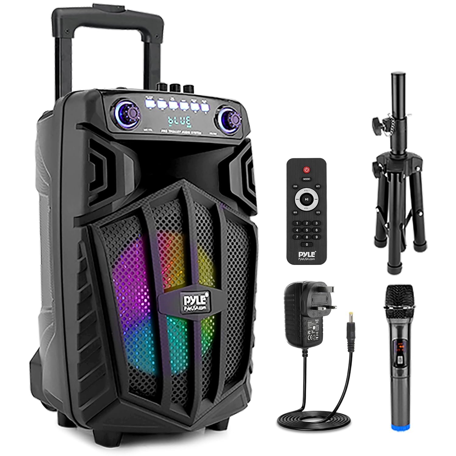 Pyle PA System Party Speaker 12 Inch Bluetooth Speaker 880W with Wireless Microphone, Karaoke Speaker with LED Lights, Portable Rechargeable Battery and Wheels