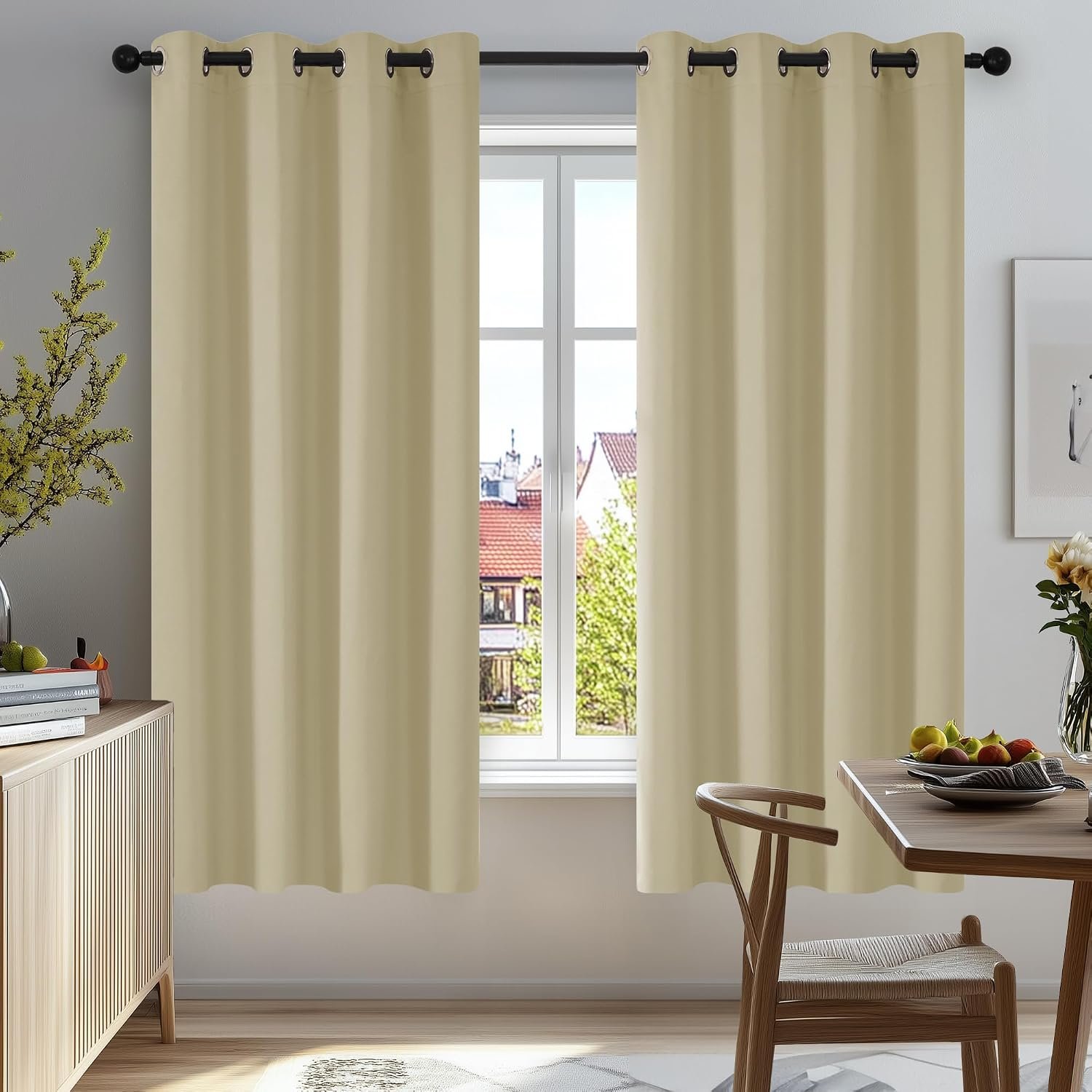 Deconovo Room Darkening Curtains Beige Super Soft Window Treatment Thermal Insulated Eyelet Curtains for Kitchen 46 x 54 Inch 2 Panels
