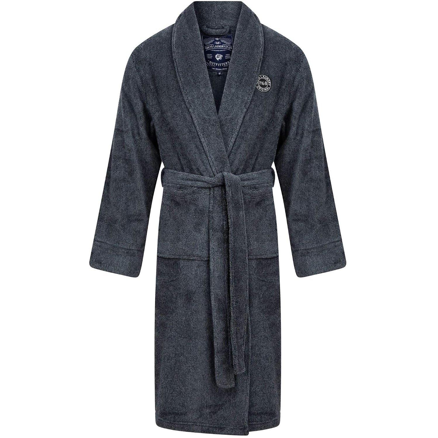 Tokyo Laundry Men's Sandhurst Textured Soft Fleece Dressing Gown with Tie Waist - Navy & Grey - M