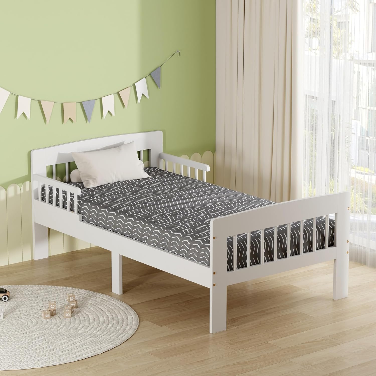 AVC Designs Junior Wooden Bed Toddler Solid Pine Wood Modern Children Kids Junior Bed Frame White