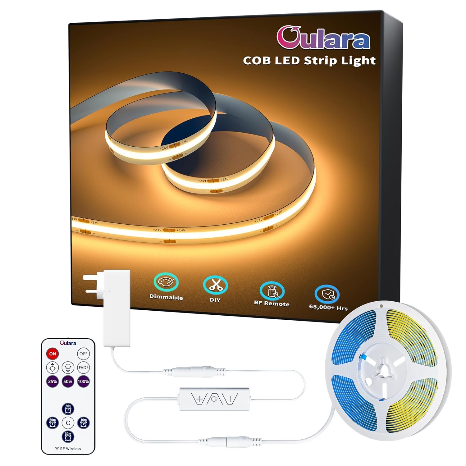 OULARA COB LED Strip 6M 2700K Warm White LED Strip Light Dimmable 24V LED Strips Super Bright CRI92+ 8mm Flexible Rope Lights Kit with RF Remote, UK Power Supply for Kitchen Cabinet Bedroom Mirror