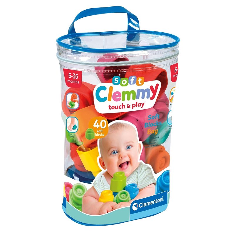 Clementoni Baby Soft Blocks - Clemmy Bag 40 Pieces - Soft Building Blocks, Clemmy Blocks for Kids 6 Months, Bricks Washable, Construction Set, Development & Activity Toy, Made In Italy, 17878