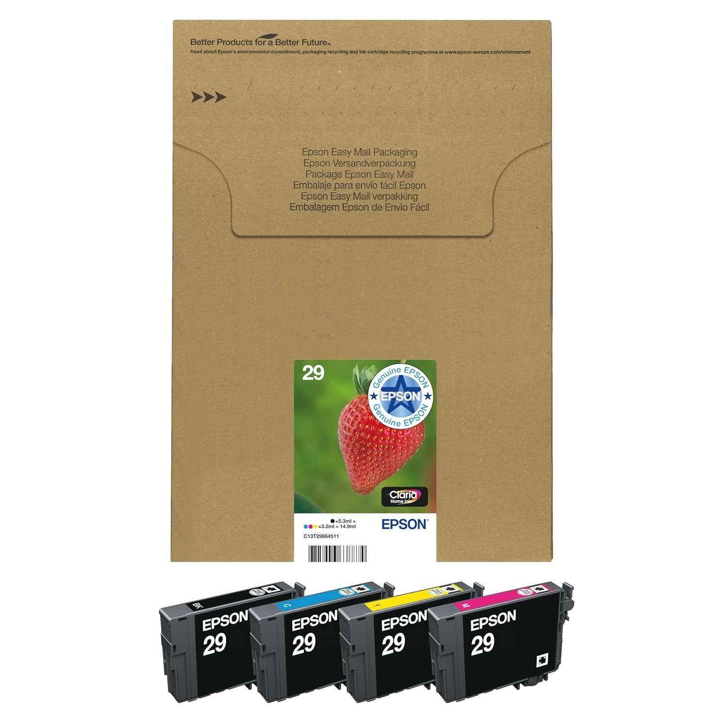 Epson 29 Strawberry Genuine Multipack, Eco-Friendly Packaging, 4-colours Ink Cartridges, Claria Home Ink