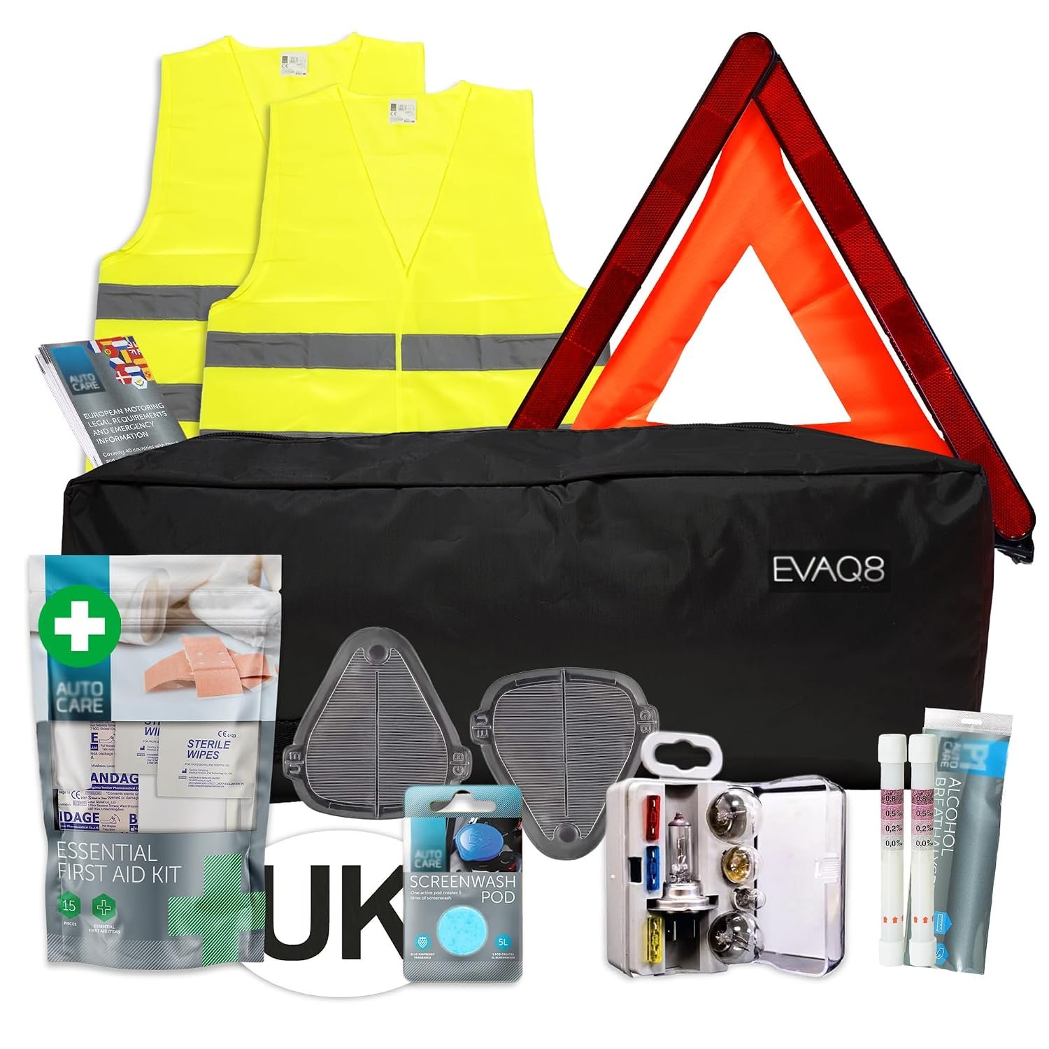 EVAQ8 European Car Travel Kit For Driving in France With Breathalysers, Warning Triangle, UK Sticker, Hi-Vis Vests, Beam Deflectors, Bulb Kit, First Aid Kit and Information sheet...
