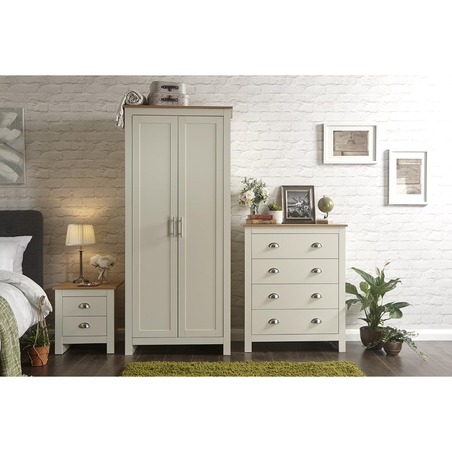 GFW Lancaster 3 Piece Bedroom Set Cream Bedside Cabinet Chest Of Drawers Wardrobe
