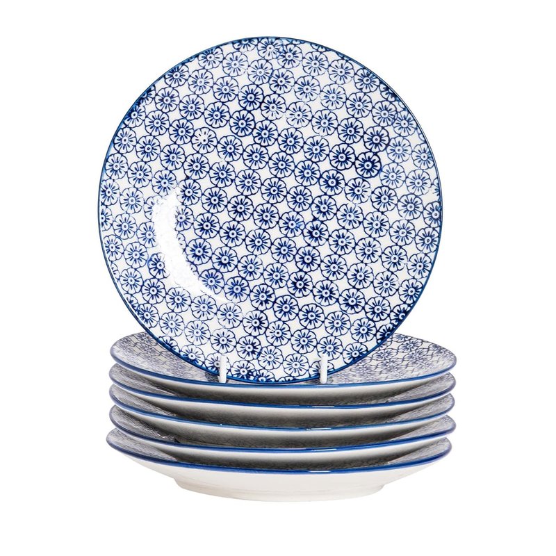 Nicola Spring Hand-Printed Side Plates - 18cm - Navy - Pack of 6 - Porcelain Decorative Patterned Dining Dish Plates for Snacks, Starters, Dinner, Dessert