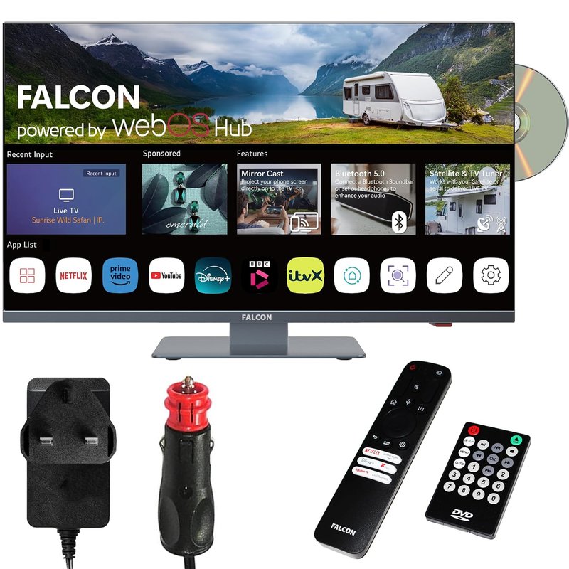 Falcon 22 inch TV WebOS SMART Wifi Camping – 12V/24V, Integrated DVD Player, Bluetooth 5.0, USB, Streaming, Freeview, Netflix, Prime Video, Pitch Perfect Television for Campervan, Motorhome iptv