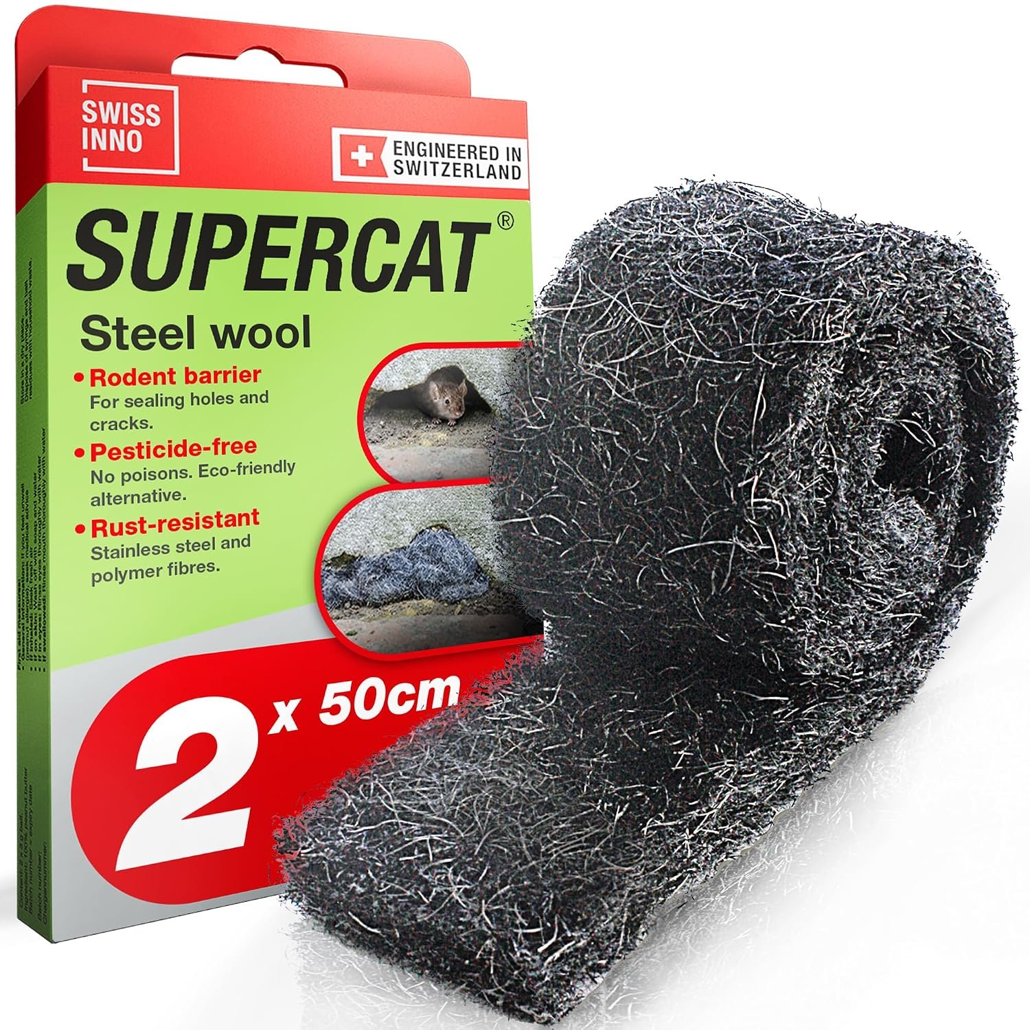 SWISSINNO Stainless Steel Wool Rodent Blocker – Gap Seal for Mice, Rats & Martens – Wire Wool/Rodent Mesh (Rat Mesh) – Mouse Stop & Rat Blocker – Home, Garage & Garden – (2 Pack)