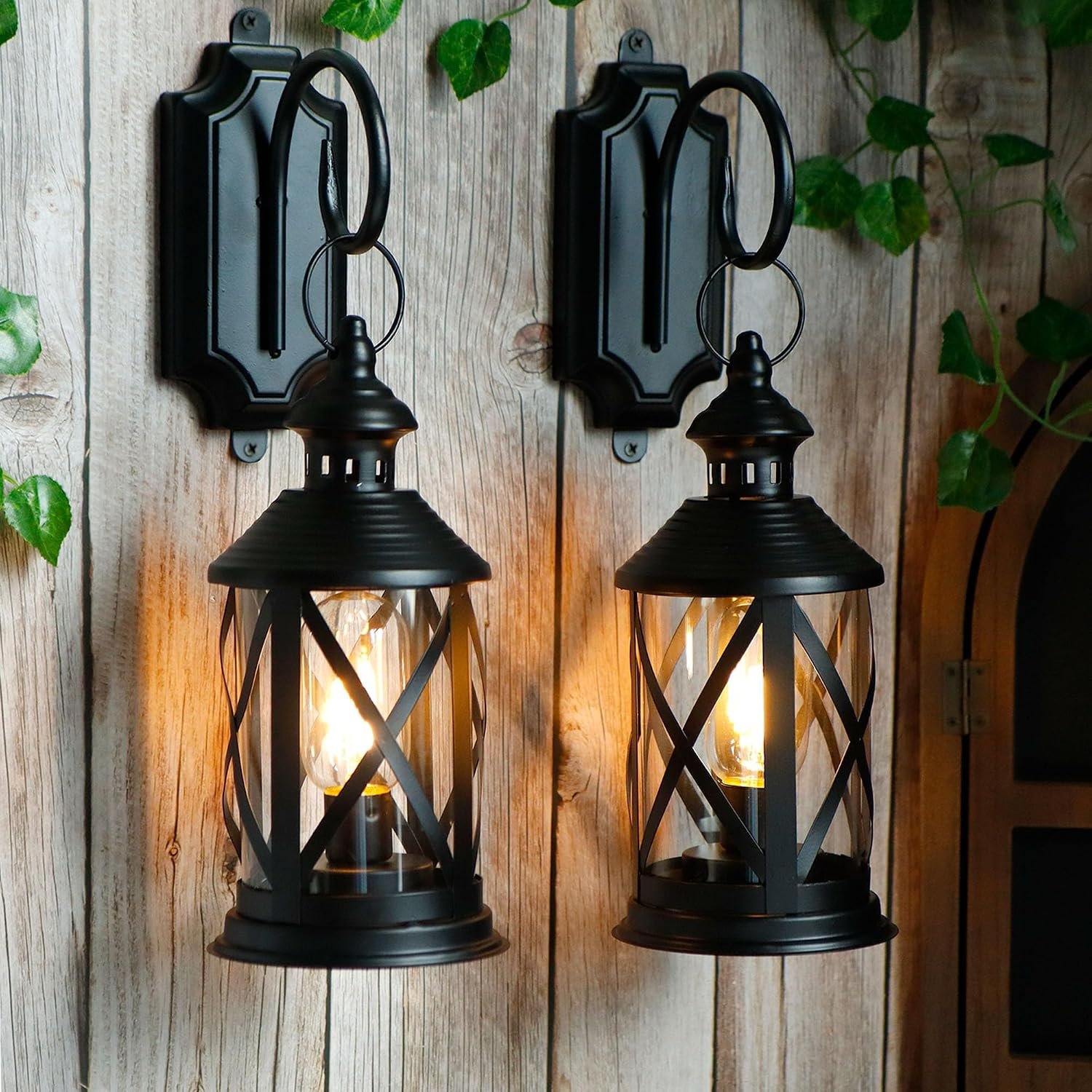 TRIROCKS Set of 2 Outdoor Vintage Battery Powered Hanging Lantern 26cm Tall Decorative Wall Light Sconces LED Edison Table Lamp Lights with Hook for Home Decor Wedding Parties Indoor Outdoor(Black)