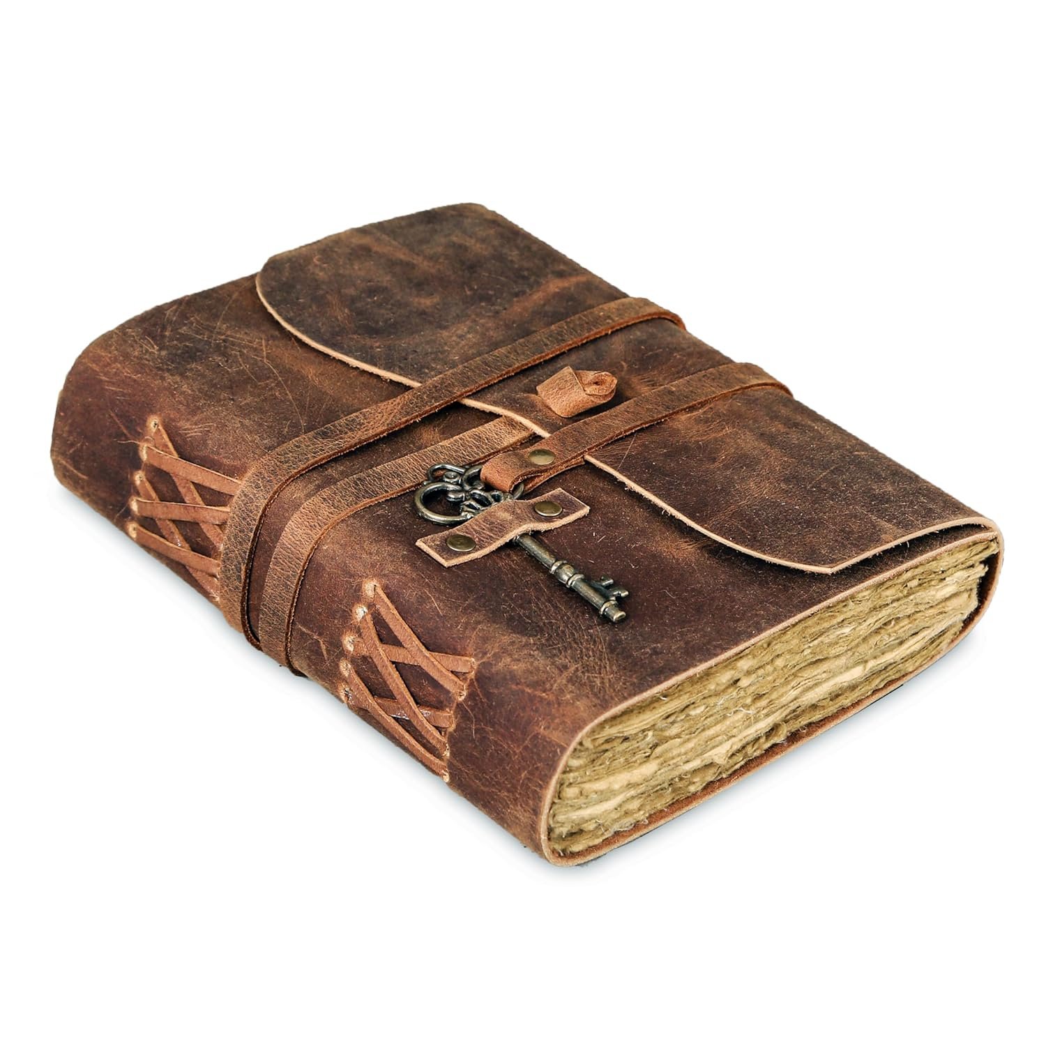Leather Journal with lined Deckle Edge Paper 8x6 inch Vintage Key/Handmade Writing Notebook Diary/Bound Daily Notepad for Men & Women Medium, Sketch/Writing pad, for Artists (8 x 6, Brown)