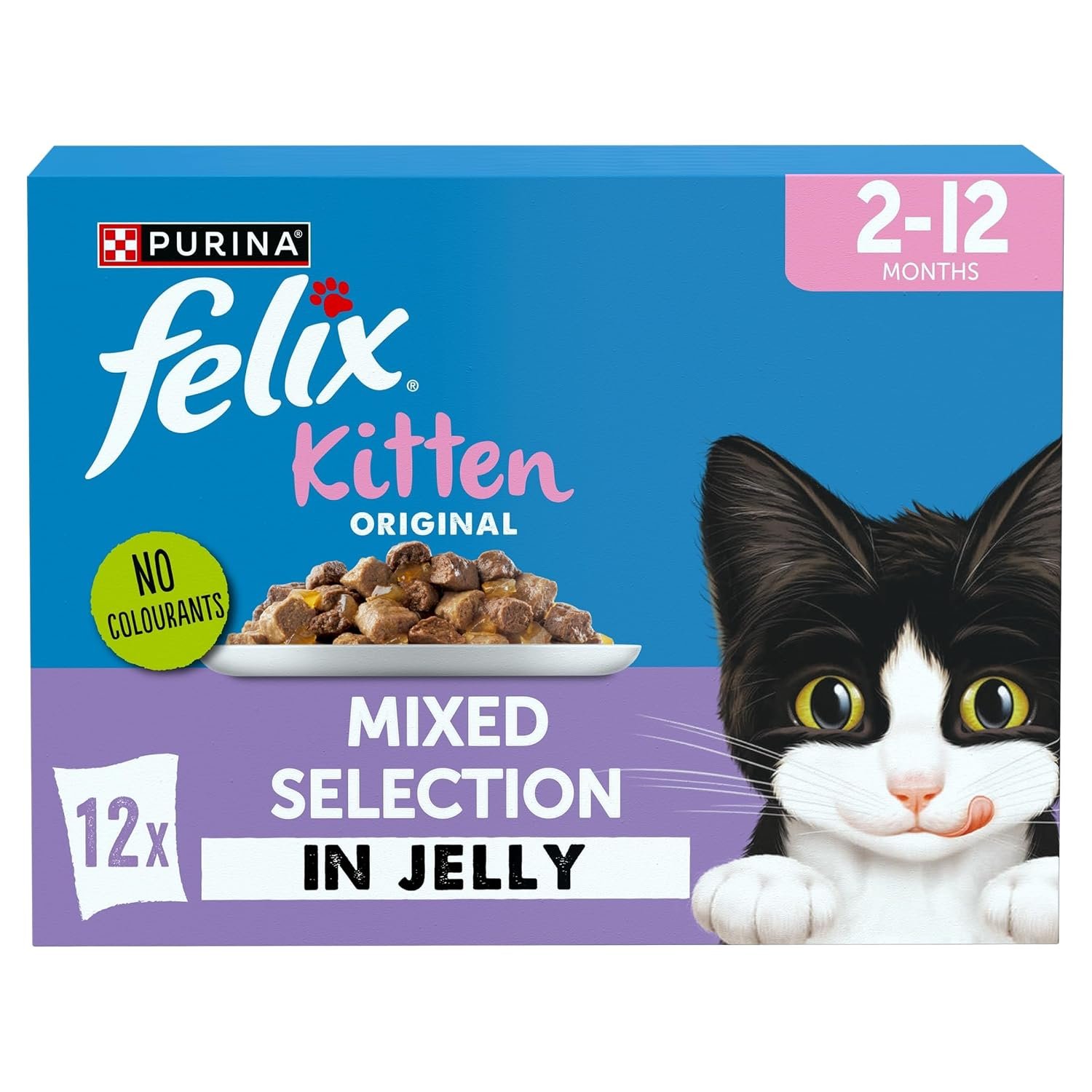 FELIX Original Kitten <1 Wet Cat Food Mixed Selection in Jelly Salmon, Lamb, Chicken, White fish 12 x 85g Pouches (Pack of 4)