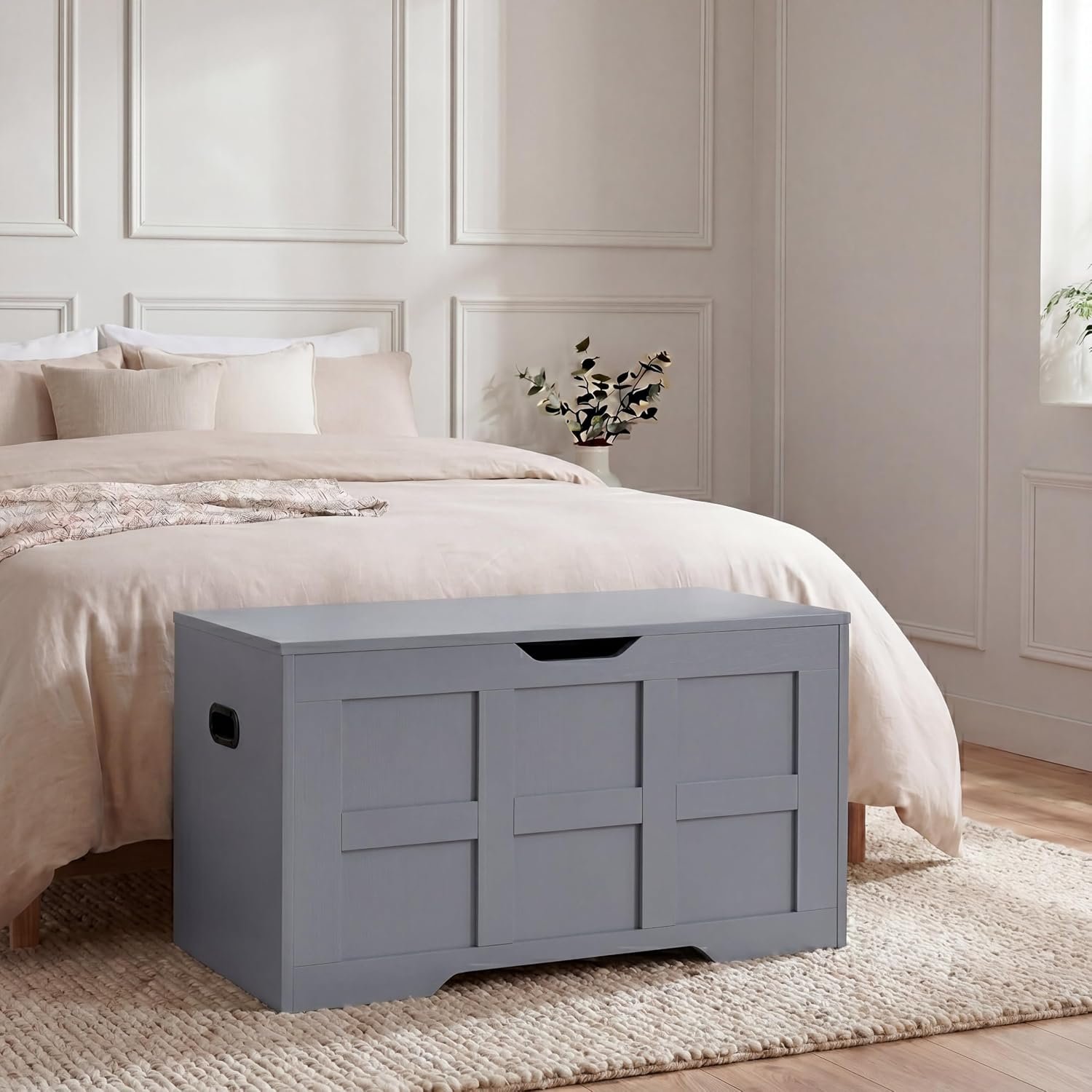 Vida Designs Storage Ottoman Bench | Grey | 76W cm | Shaker Style | Cut-Out Handle | Easy Assembly | Blanket Box | Modern Bedroom Living Room Hallway Furniture Storage Toy Box Unit