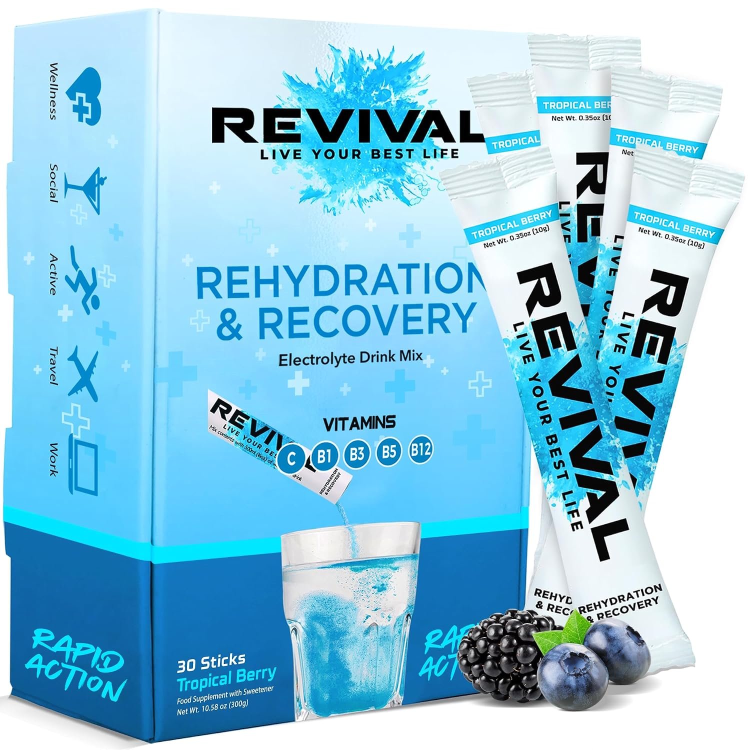 Revival Rapid Rehydration Sachets Electrolytes Powder High Strength Vitamin C, B1, B3, B5, B12 Supplement Energy Drink, Effervescent Electrolyte Hydration Tablets 30 Pack Tropical Berry Flavours