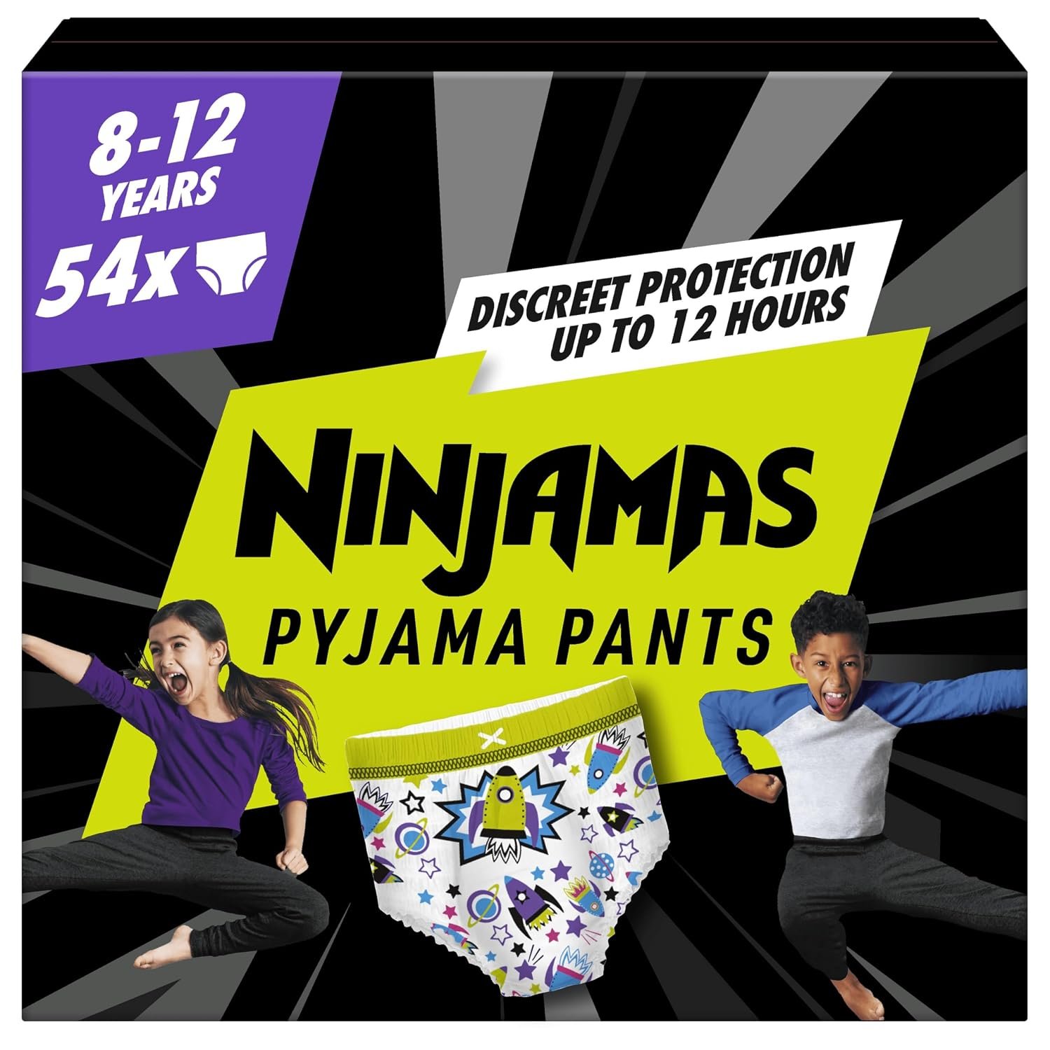 Pampers Ninjamas Pyjama Pants Unisex Spaceships, 8-12 Years, 54 Pants, 27kg-43kg, All-Night Leak Protection