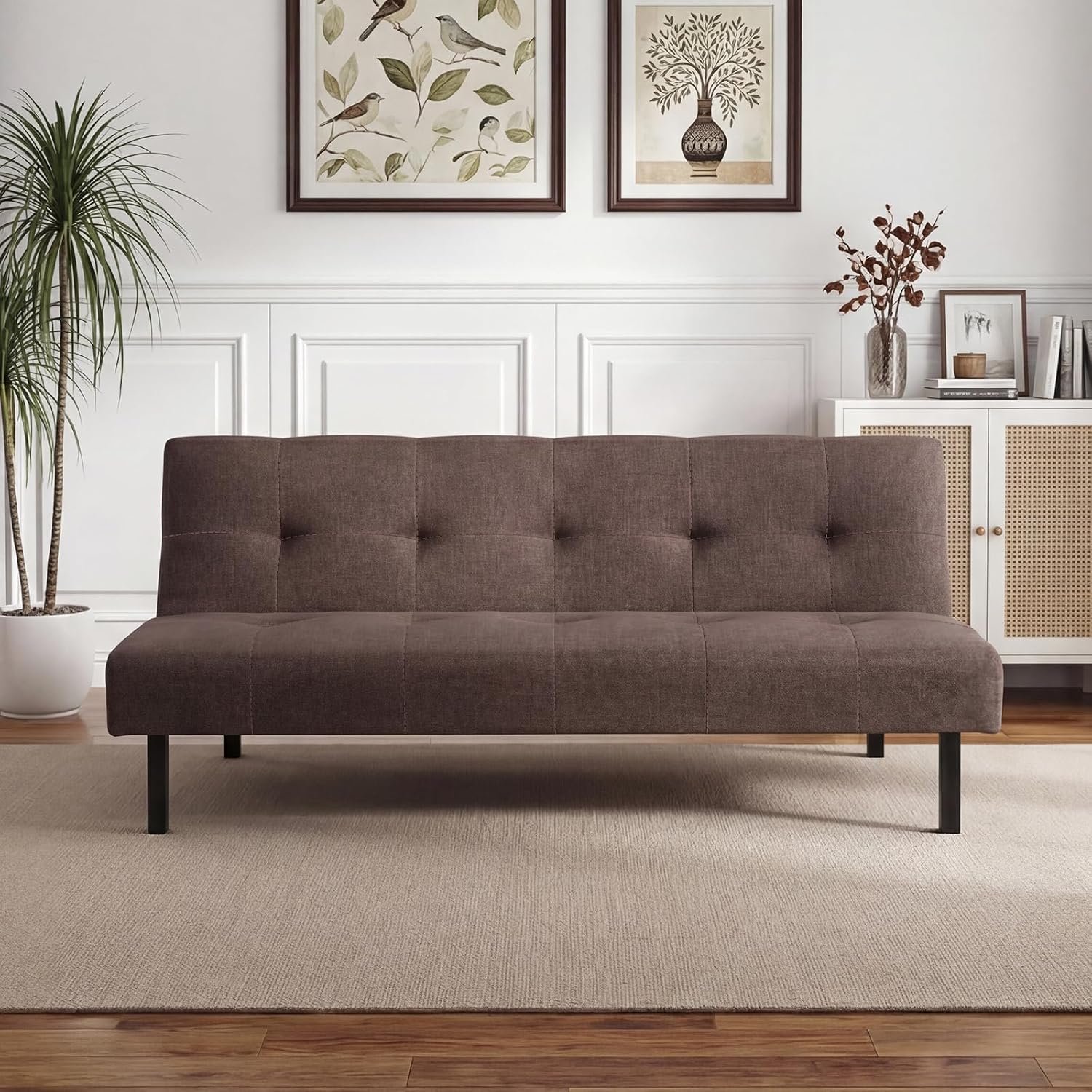 Panana Modern 3 Seater Sofa Bed, Fabric Upholstered Sofa bed with Metal Legs,Futon Recliner Lounge for Living Room, Spare Room, Bedroom (Brown)