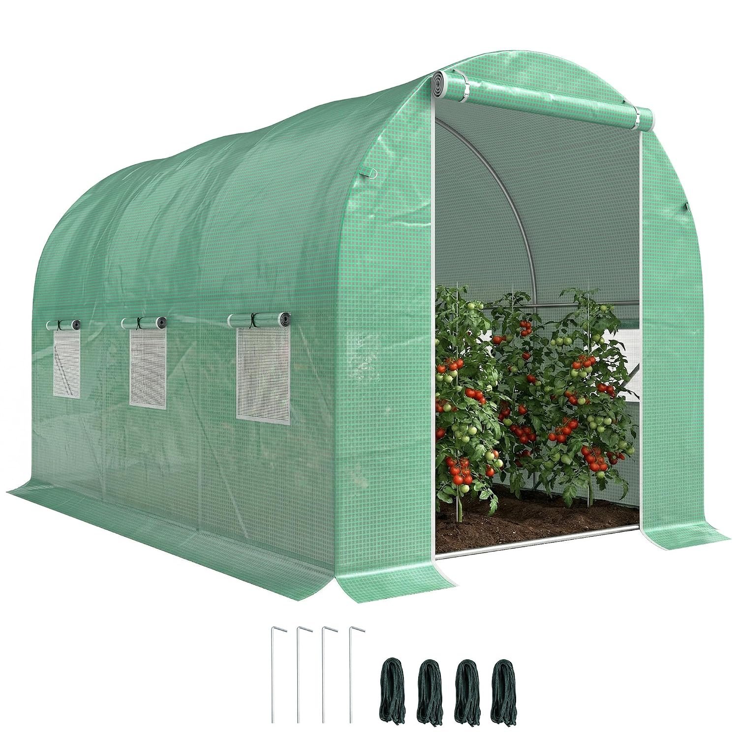 Outsunny Walk-in Polytunnel Greenhouse, Outdoor Garden Tunnel Greenhouse Tent with Zipped Roll-Up Door and 6 Mesh Windows, 3 x 2M