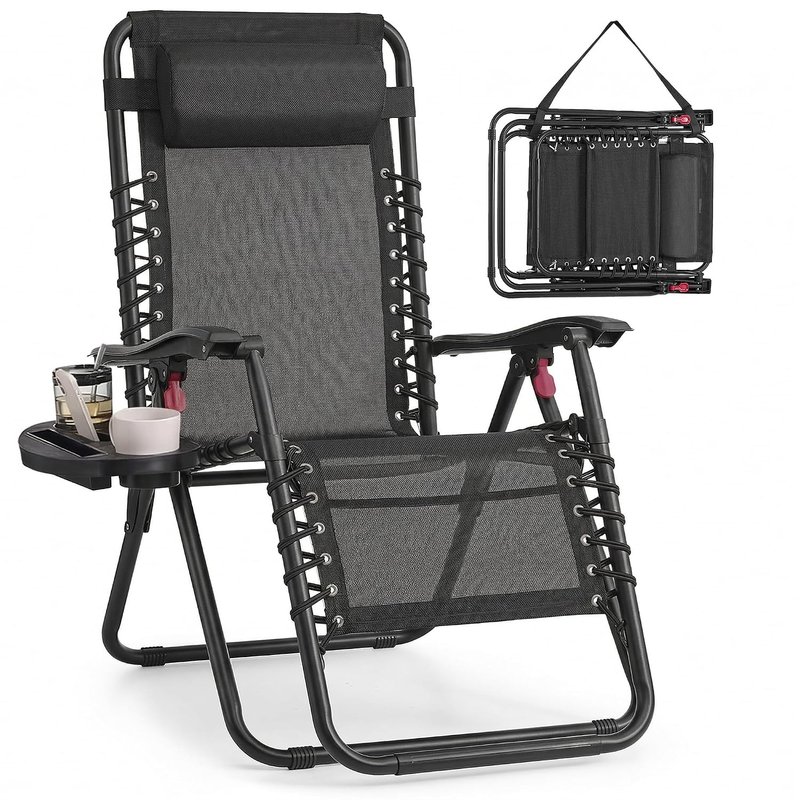 SONGMICS Zero Gravity Reclining Chairs, Folding Sun Loungers with Tray, Adjustable Headrest, Max. Load 110 kg, for Patio, Garden, Black GLB030BZ02