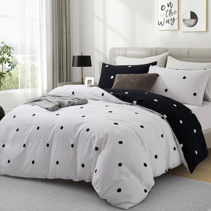 Hafaa King Size Duvet Cover Sets Soft Printed Bedding Set Brushed Microfiber Duvet Covers with Pillowcases (Black and White Dotted 230x220 CM)