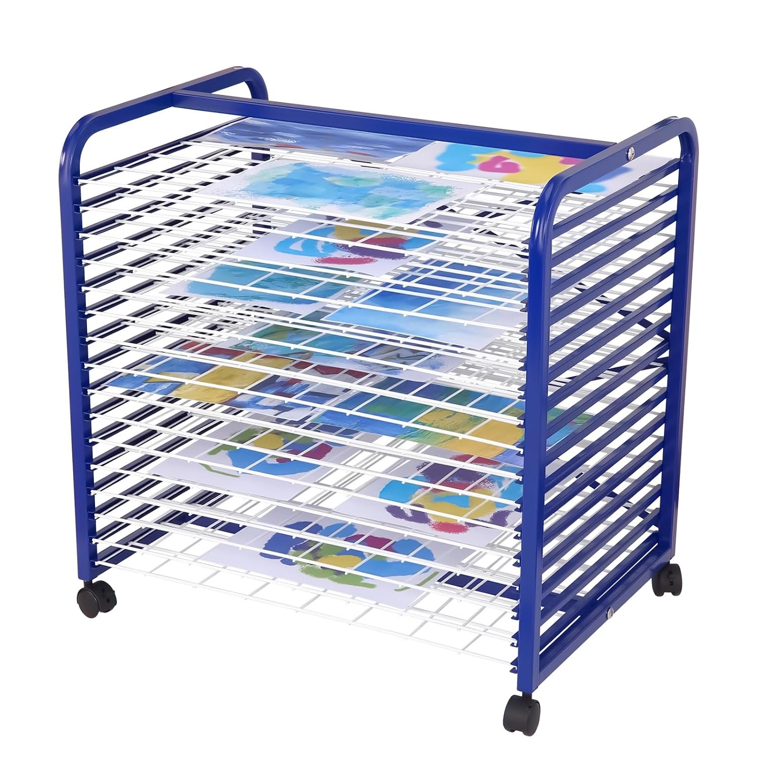 CuteHairy Art Drying Rack with 16 Removable Shelves & Lockable Wheels, Mobile Metal Painting Storage Stand for Studio, Classroom, Craft Room