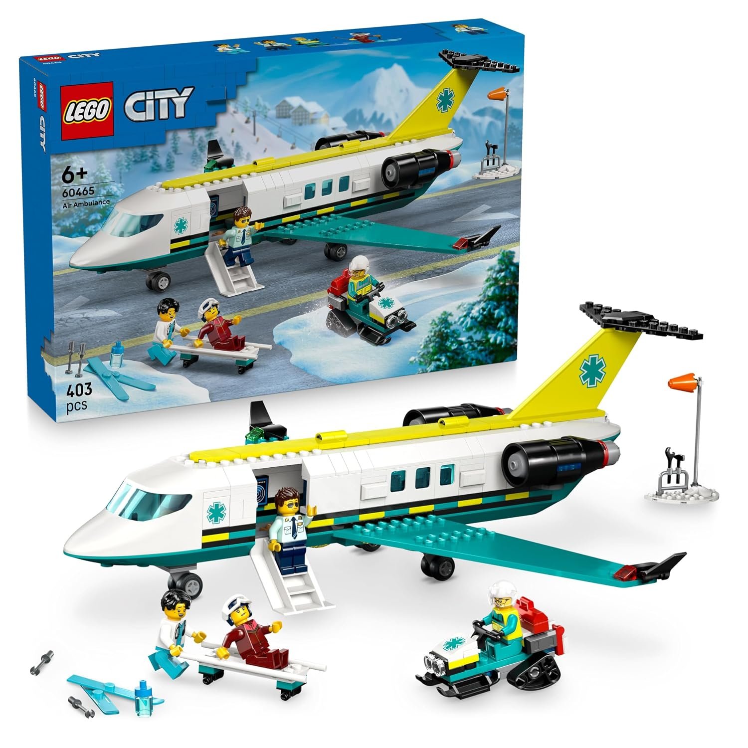 LEGO City Emergency Air Ambulance Airplane Toy - Medical Plane Model - 3 Minifigures incl. a Doctor and Pilot, plus a Snowscooter, Stretcher & Tools, Gift for 6+ Year Old Boys - 60465
