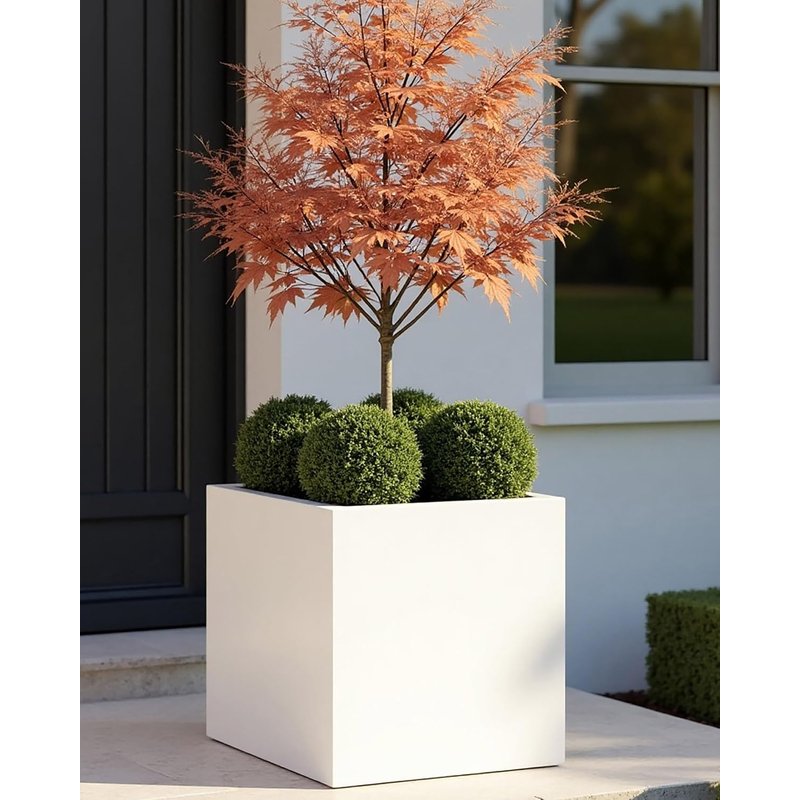 IDEALIST 40cm Square Planter for Garden | White Reinforced Stone Flower Pot | Garden Planters with Drainage Holes L40 W40 H40 cm, 65 litres
