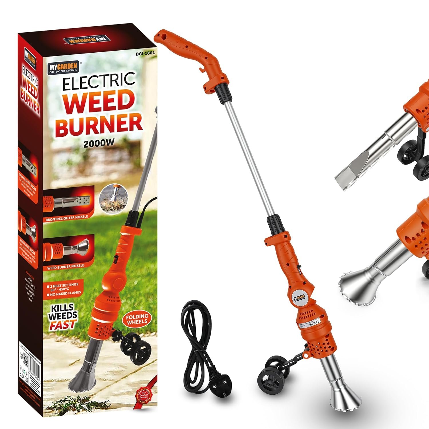 My Garden Electric Weed Burner 2000W– Dual Heat Setting Weed Remover with Detachable Handle & Folding Wheels Garden Weed Burner with Non-Slip Handle & UK Standard Plug (2-Nozzles-Folding Wheels)
