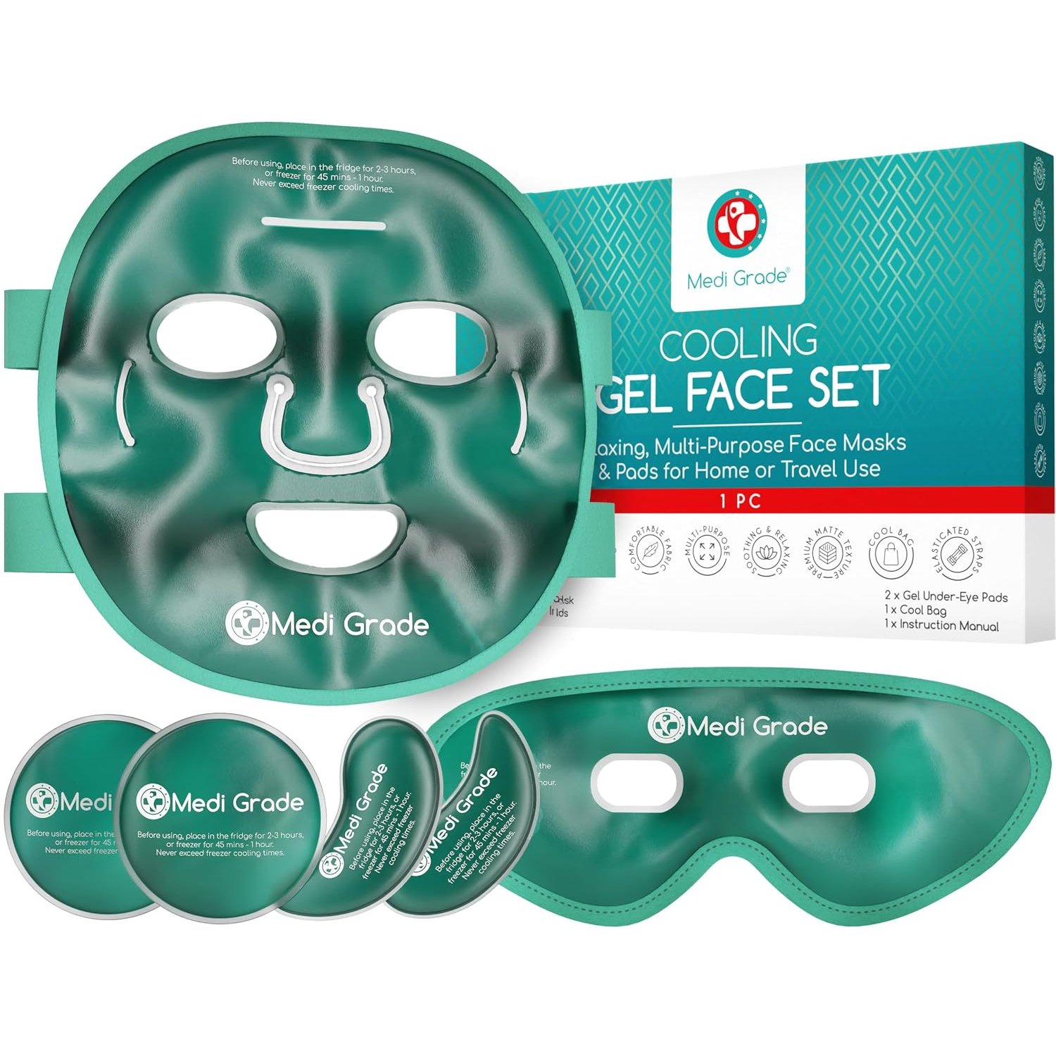 Medi Grade Cooling Face Mask Set with Cooling Eye Mask for Puffy Eyes and Insulated Thermo-Bag - Soothing Gel Ice Face Mask and Eye Ice Mask for Dark Circles and Puffiness - Cold Face Relaxation