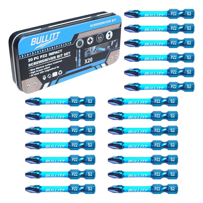 BULLITT Screwdriver Bits Set,PZ2 Impact Screwdriver Bits with 1/4" Hex Shank, 20 Pcs 50mm Single Ended Impact Driver Bits PoziDriv No.2 Heavy Duty,S2 Steel with magnetised tip in one tin Box