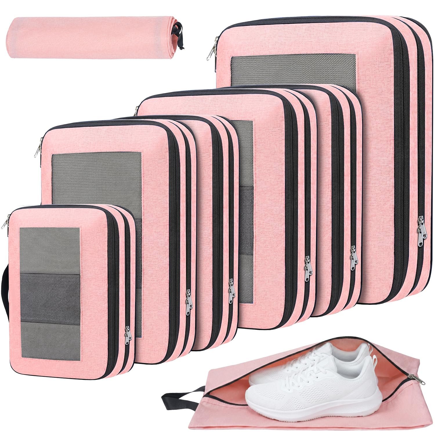 Prezon 8 Set Compression Packing Cubes for Suitcases, Full Open & Visible Design, Luggage Organizer Bags Set for Carry on, Travel Essentials Travel Gifts for Women with Laundry Bag and Shoe bag