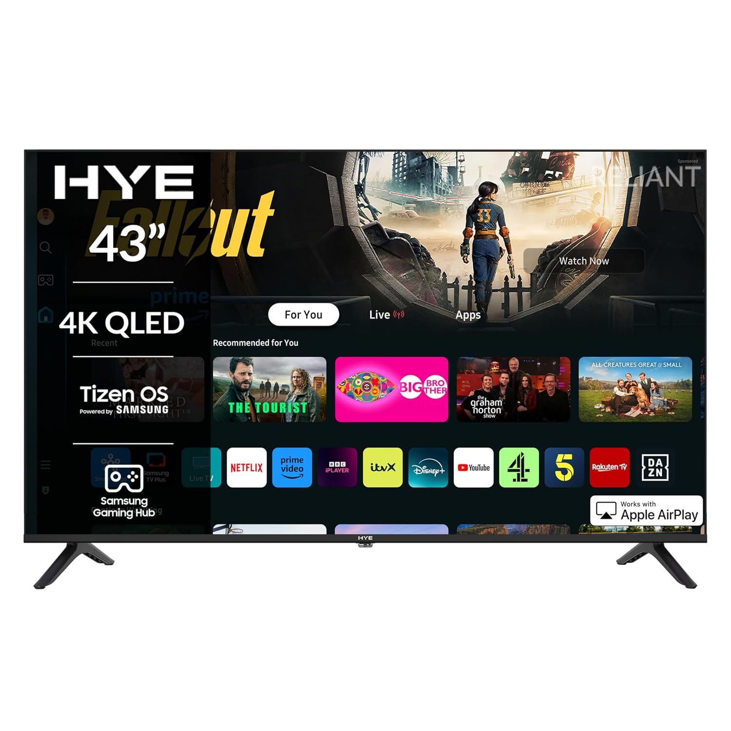 HYE TV - Smart TV, 43" Screen Size, 4K Resolution, QLED Technology, Apple AirPlay, Samsung Tizen OS & Gaming Hub, Versatile Connectivity, Black, Perfect For Streaming, Gaming & Entertainment