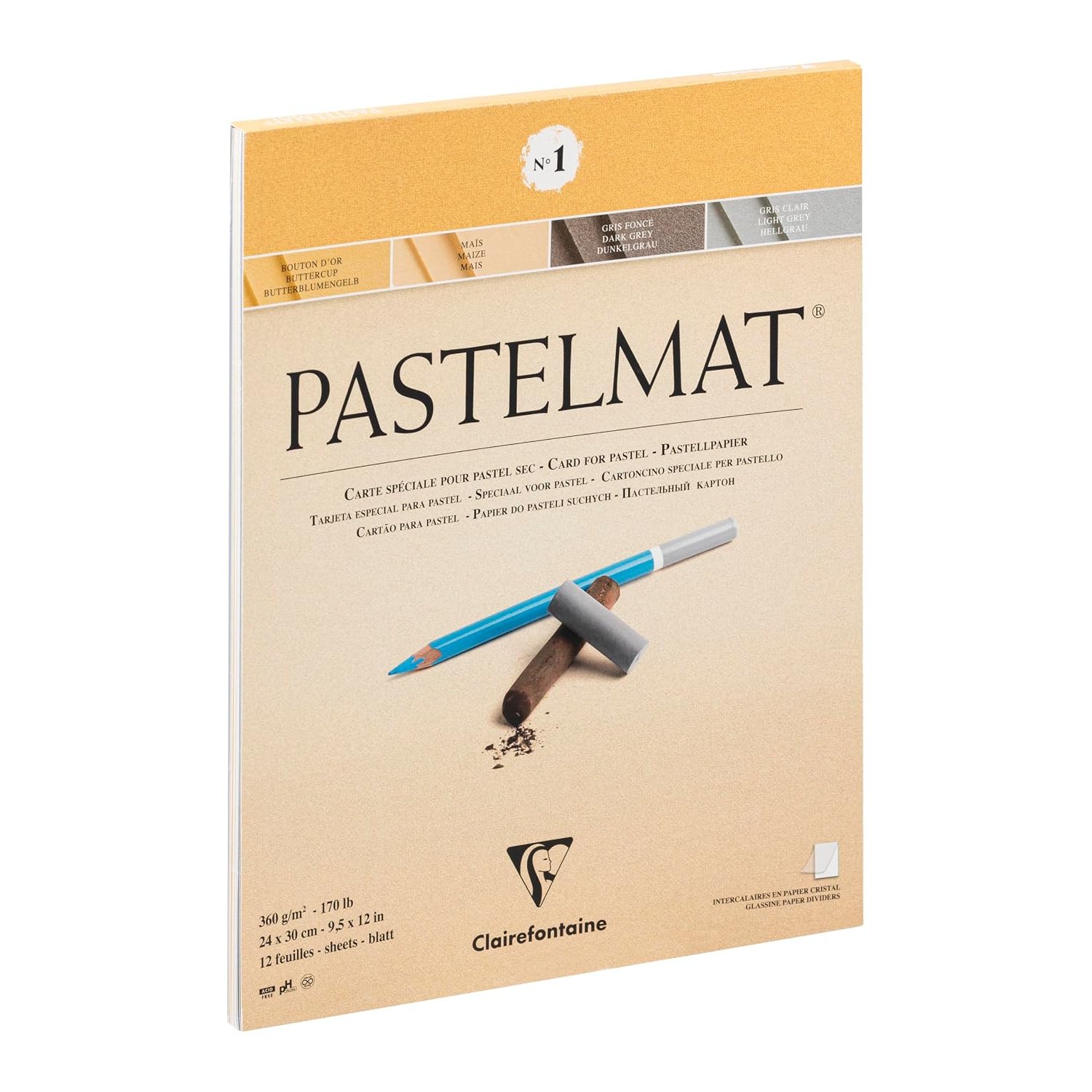 Clairefontaine - Ref 96017C - Pastelmat Pastel Card Pad No.1 (12 Sheets) - 360gsm Card - 24 x 30cm - Assorted Colours - Specially Formulated For Use With Pastels