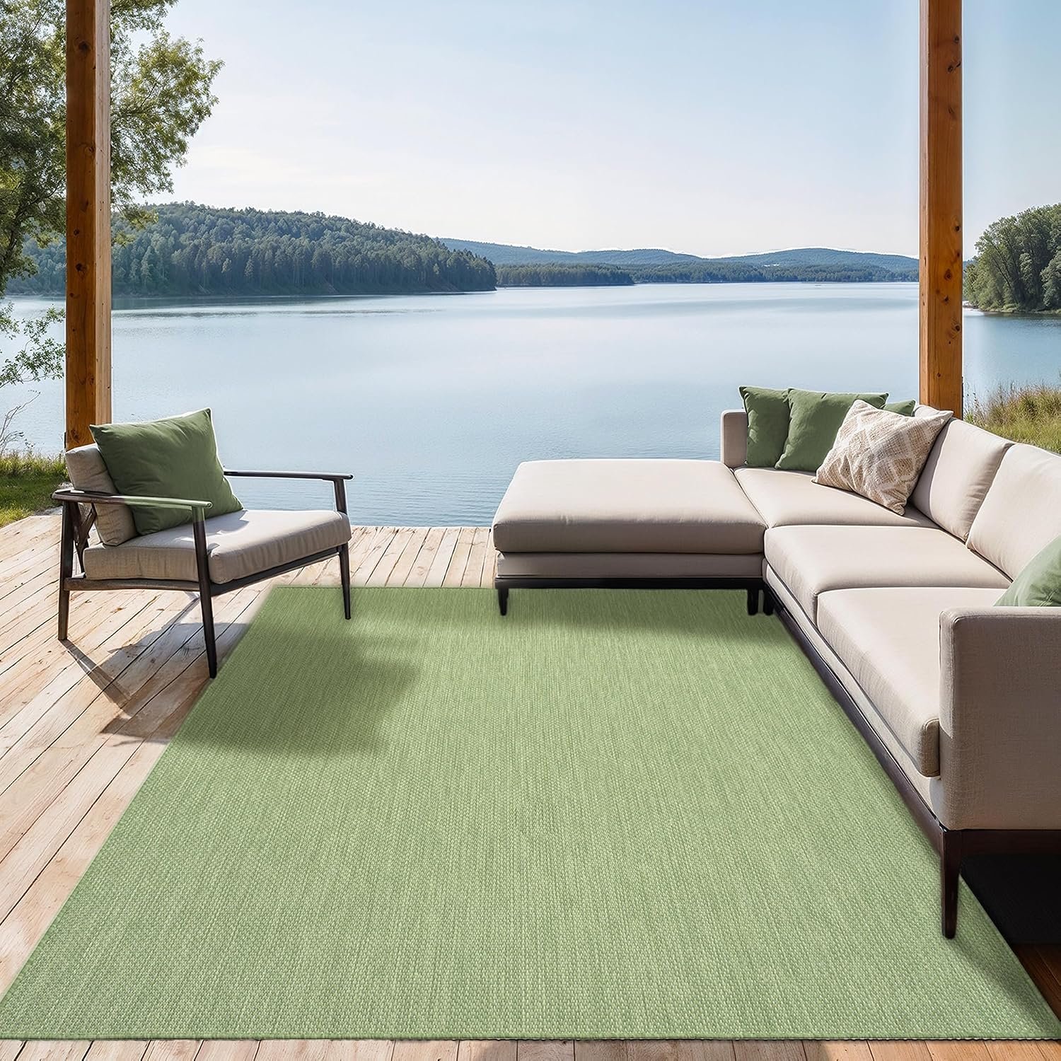 the carpet Mistra resistant woven area rug, flat design, modern, ideal for the kitchen and dining room, trendy colours, extra flat, also for outdoor use, Green, 300 x 400 cm