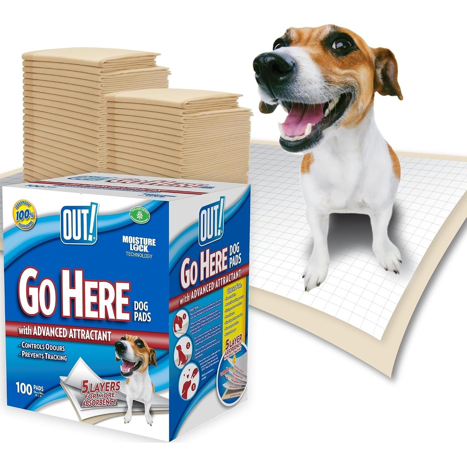 OUT! Go Here Absorbent Pet and Puppy Training Pads 100 Disposable Pads. 53 x 55cm. 5 Layer Leak-Proof Odour-Control Non-Slip -100 Pads white