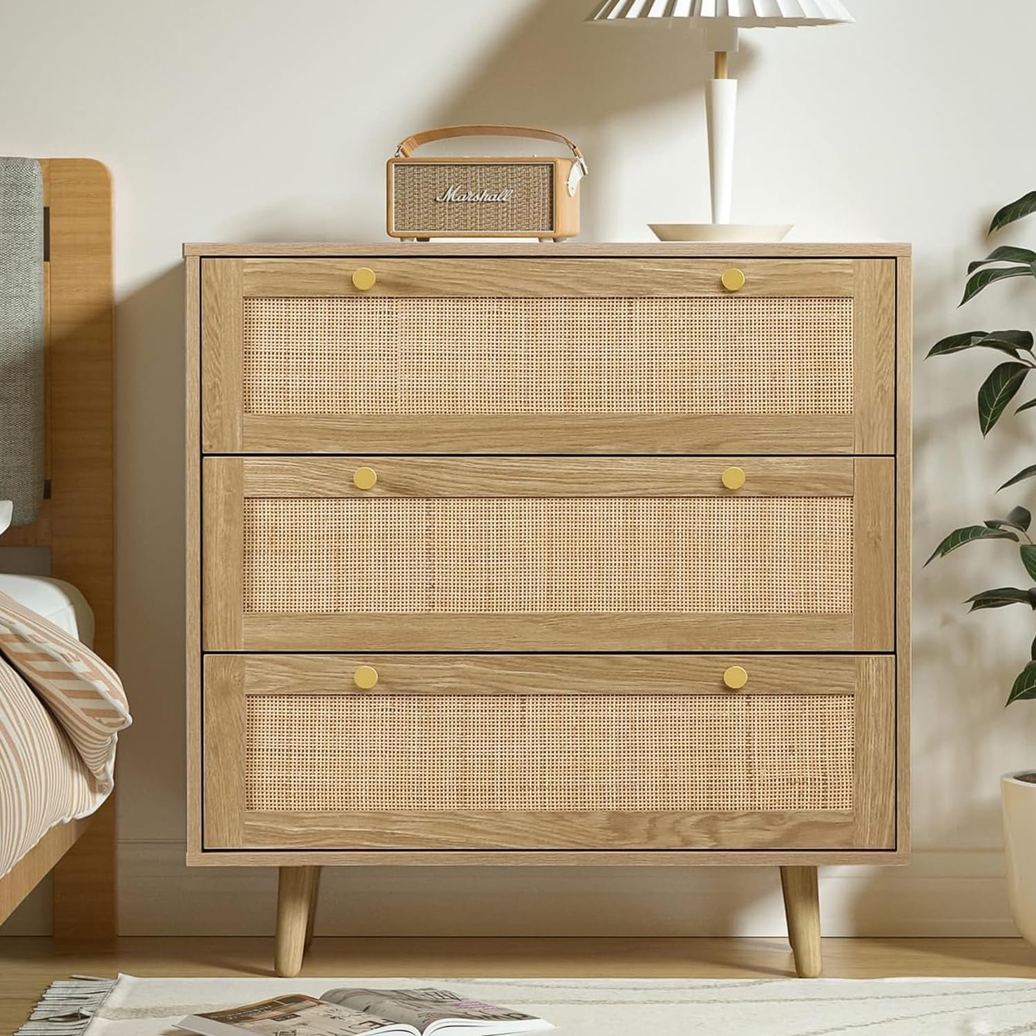 Yvsevnr Rattan Bedroom Chest of Drawers, 3 Drawer Dresser with Spacious Storage, Wood Dresser for Bedroom Hallway Living Room, Rustic Oak 80 x 40 x 91 cm