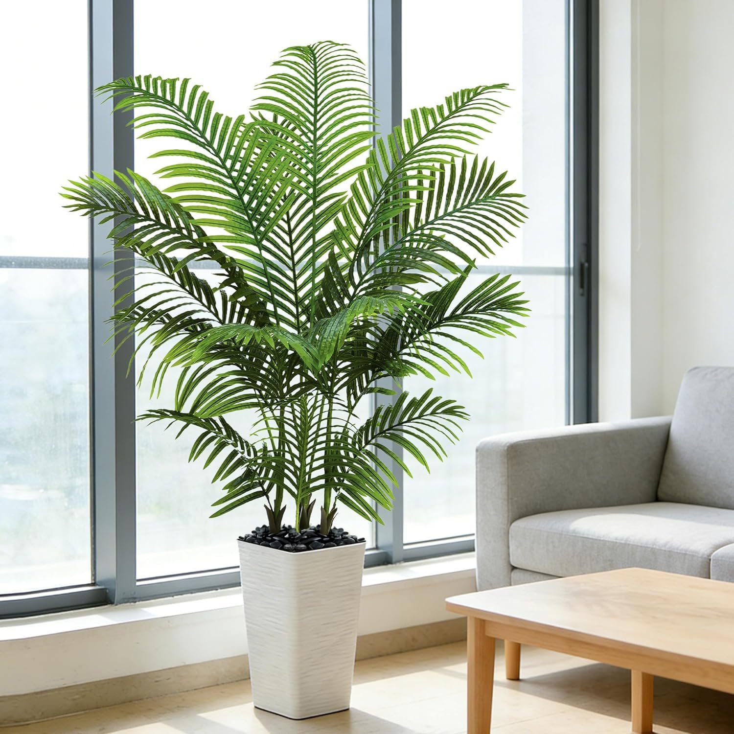 Artificial Palm Tree Indoor Plant Tall Fake Tropical Palm Tree in Pot with Real Bark Design Faux Areca PalmTree for Home Office Living Room Bedroom Farmhouse Modern Decor (12 Trunks, 5 FT)