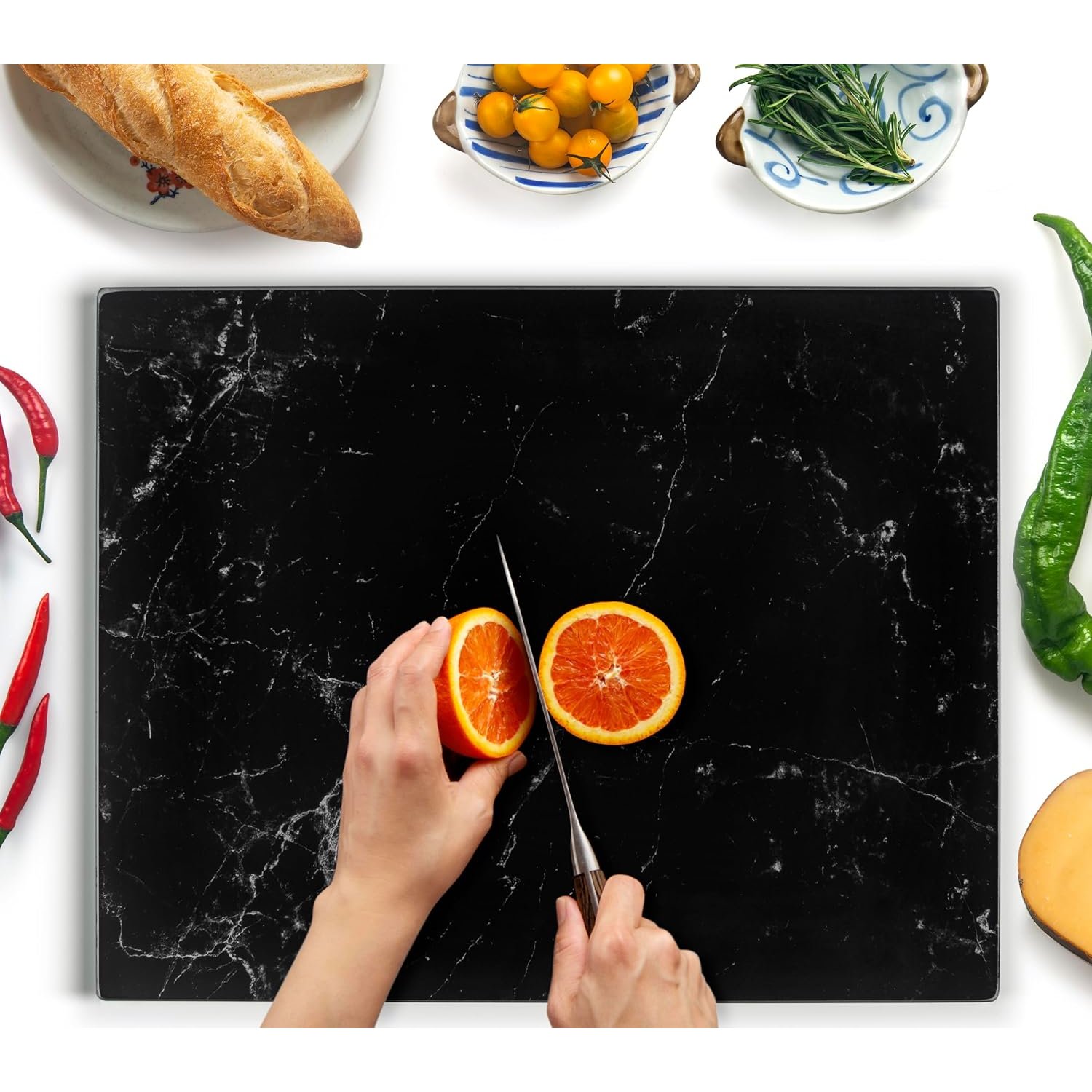 Kitchenville Glass Chopping Board 50x40cm : Tempered Glass Worktop Savers for Kitchens, Durable, Scratch-Resistant, Heat-Proof - Black Marble Effect