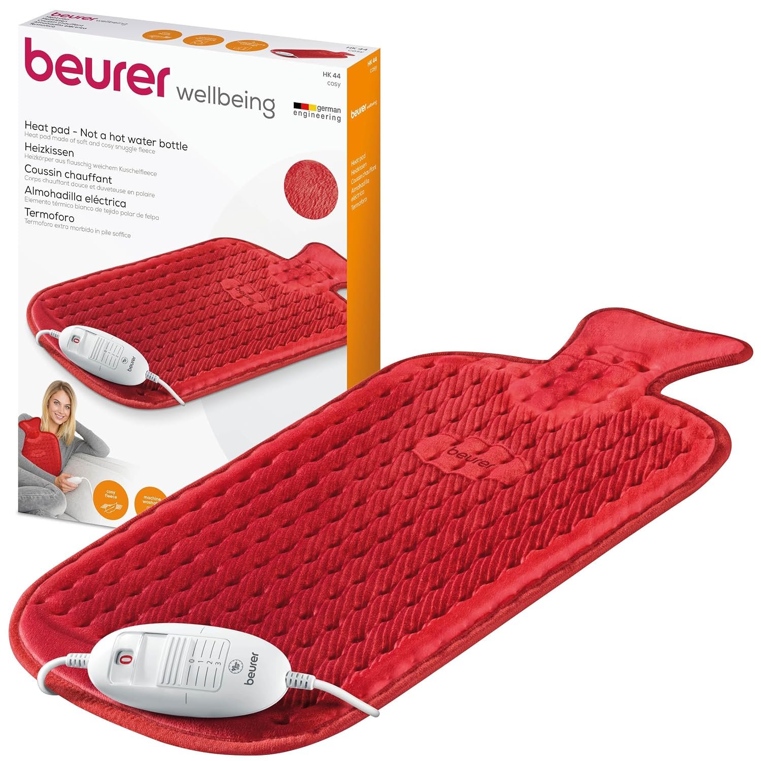 Beurer HK44UK Heat Pad | Soft and cosy electric heat pad | Rapid warm-up function | 3 electronically regulated temperature settings | Machine-washable | The NEW-AGE hot water bottle, 50 x 30 cm, Red