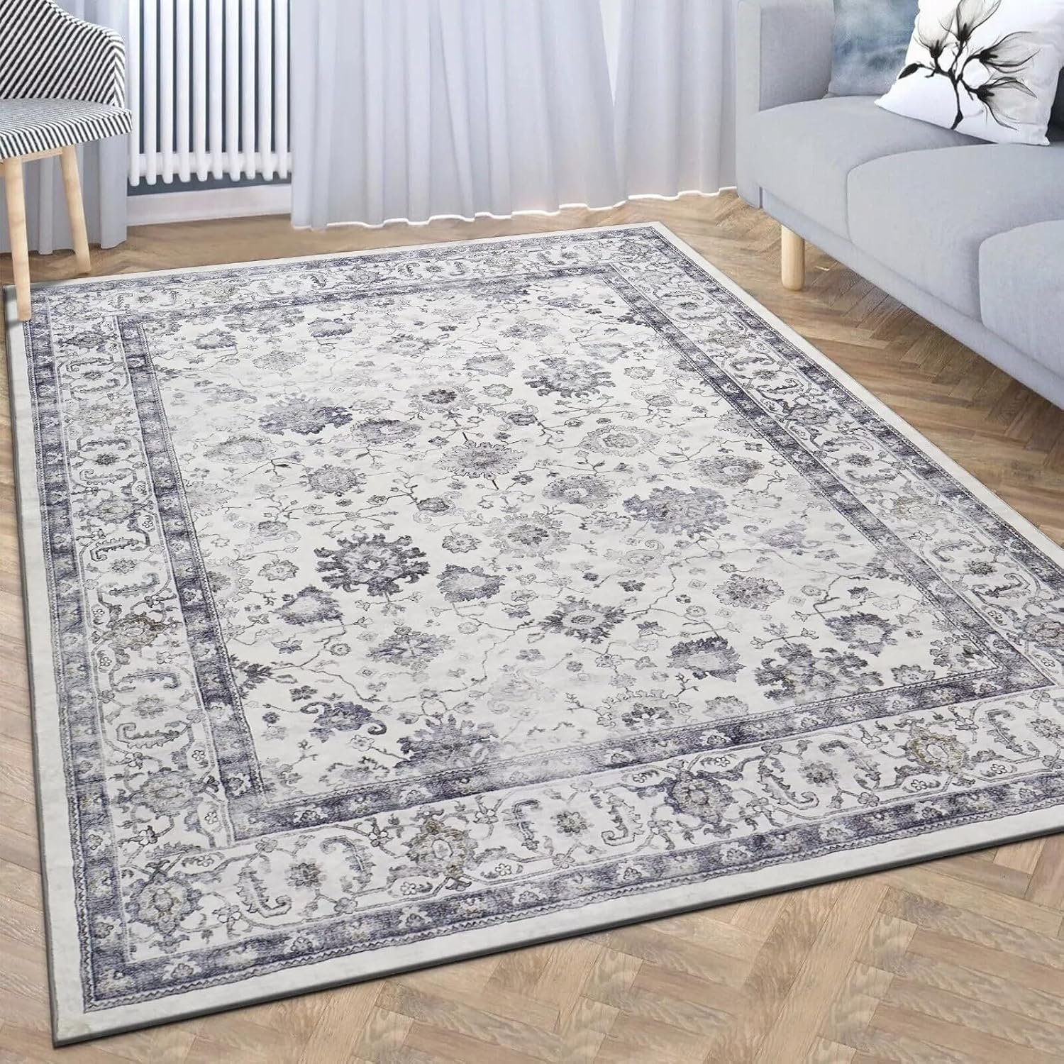Imperial Rooms Rugs Living Room Large 240x320cm Washable Boho Rug for Bedroom – Short Pile Vintage Grey Area Rugs Easy to Clean Kids Room Carpets – Traditional Design Non Slip Rug for Lounge (Serene)